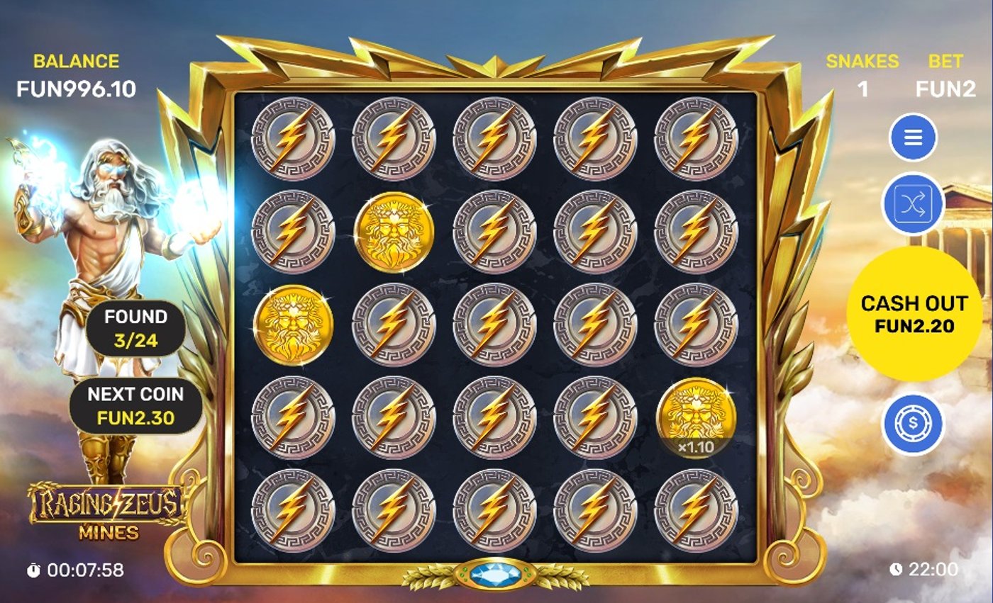 Raging Zeus Mines mid-game showing 3 coins found with cash out option