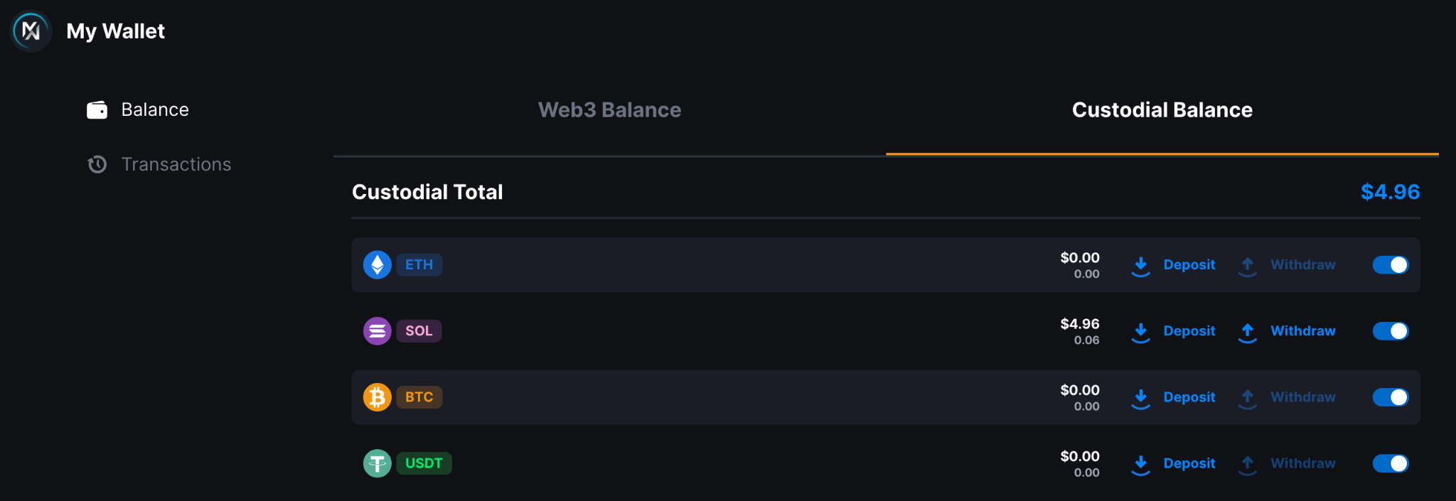 MetaWin Cashier showing a pending Solana deposit transaction