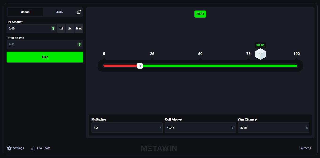 MetaWin Dice set to Roll Above 19.17 with an 80.83% win chance and a 1.2x multiplier