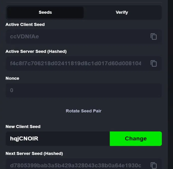 Seeds tab showing client seed, hashed server seed, and nonce
