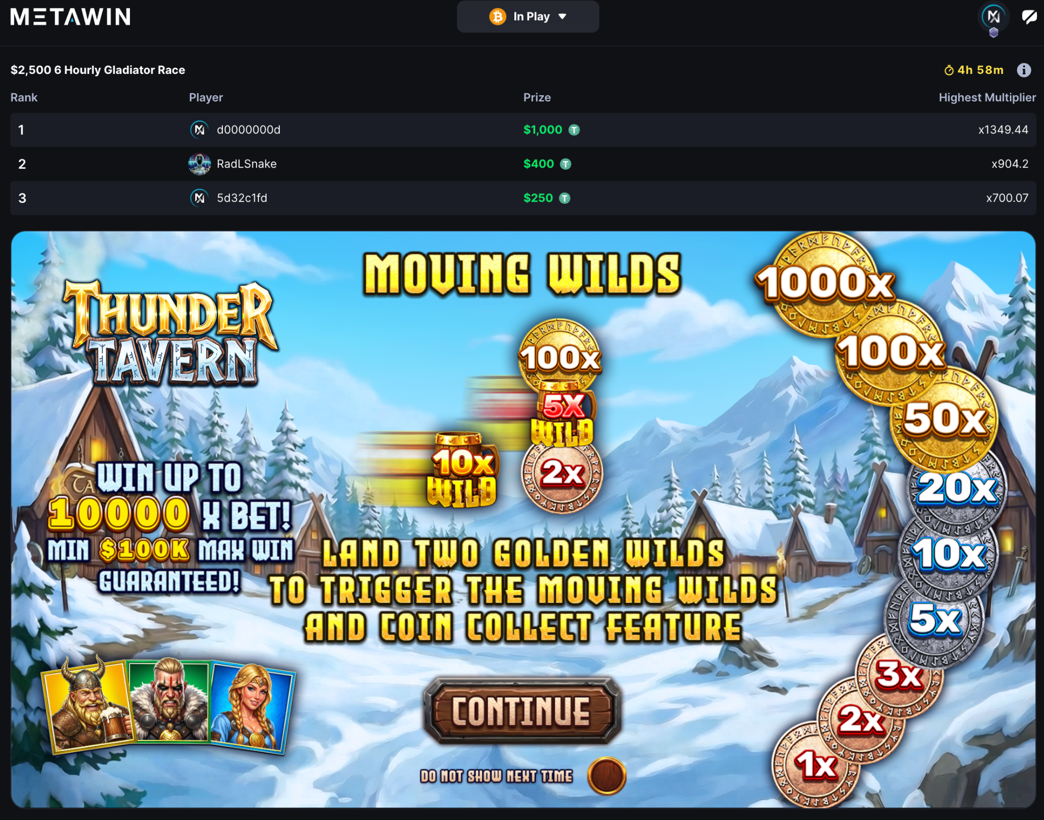 MetaWin game lobby showing a slot game with the currency selector visible in the top-right