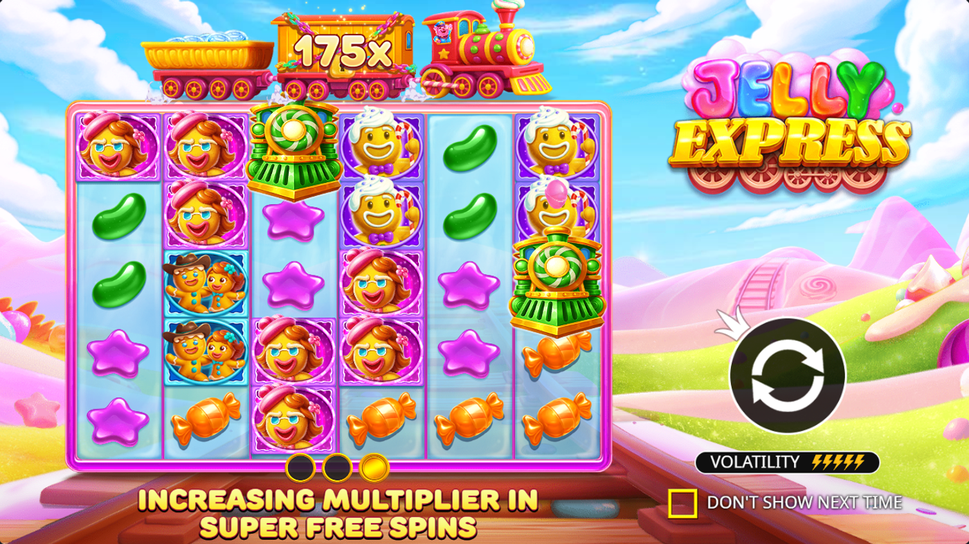 Jelly Express splash screen showing the 6-reel grid with candy symbols and 175x multiplier train