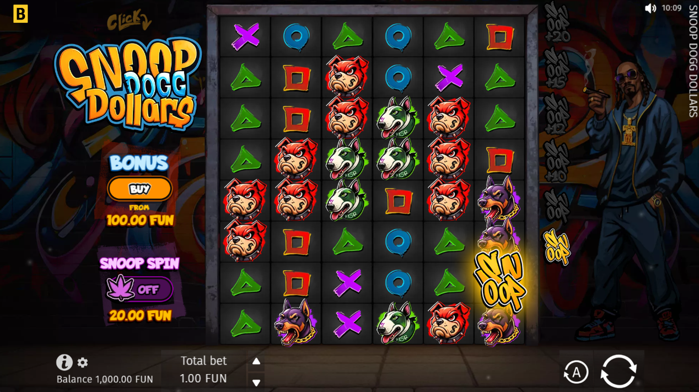 Snoop Dogg Dollars base game with 6x5 cluster grid, Bonus Buy, and Snoop Spin toggle