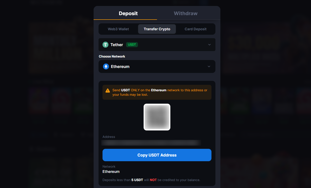 MetaWin Transfer Crypto deposit address with QR code for USDT on Ethereum