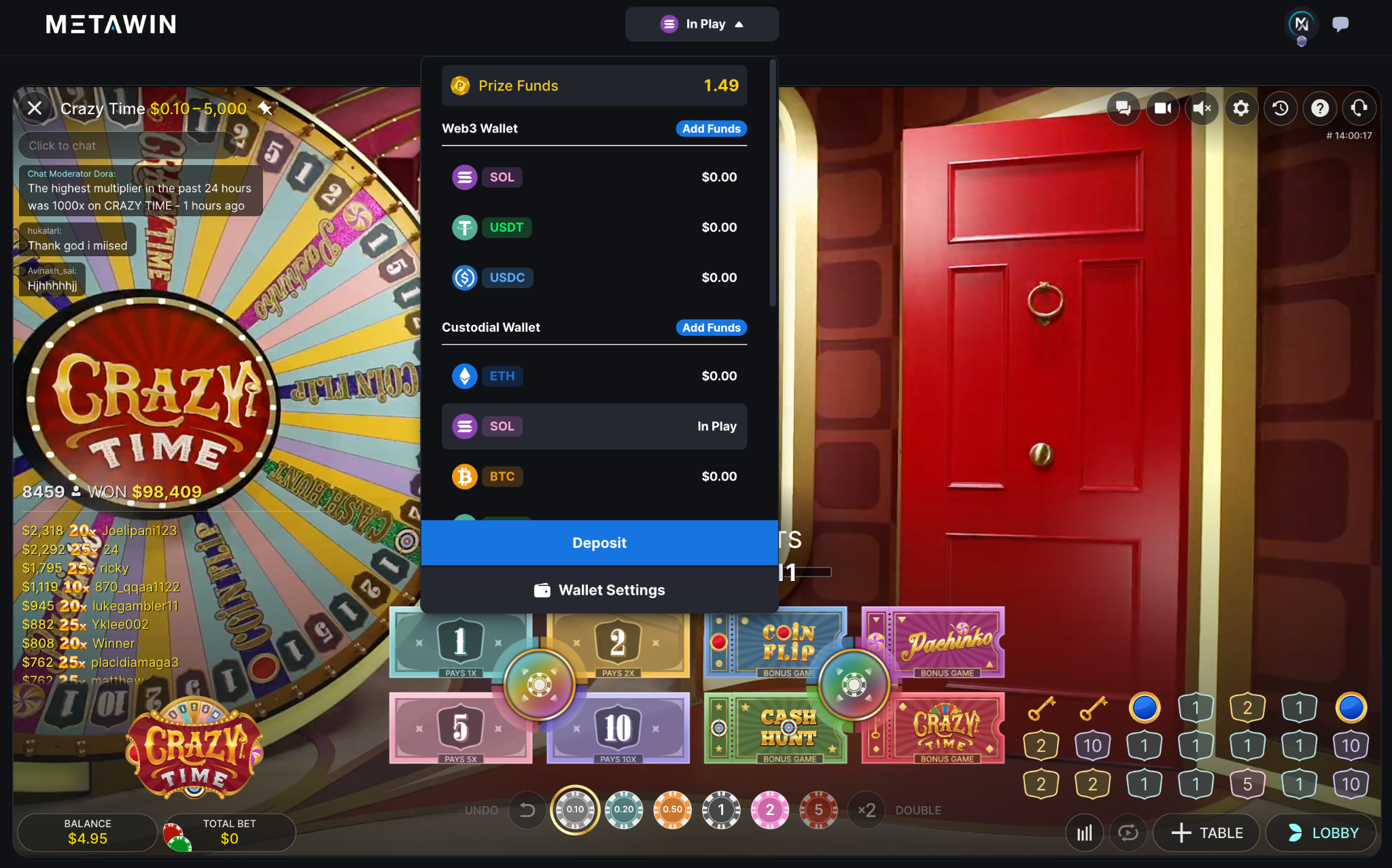 MetaWin game lobby showing SOL balance in the currency selector with both Web3 and Custodial options
