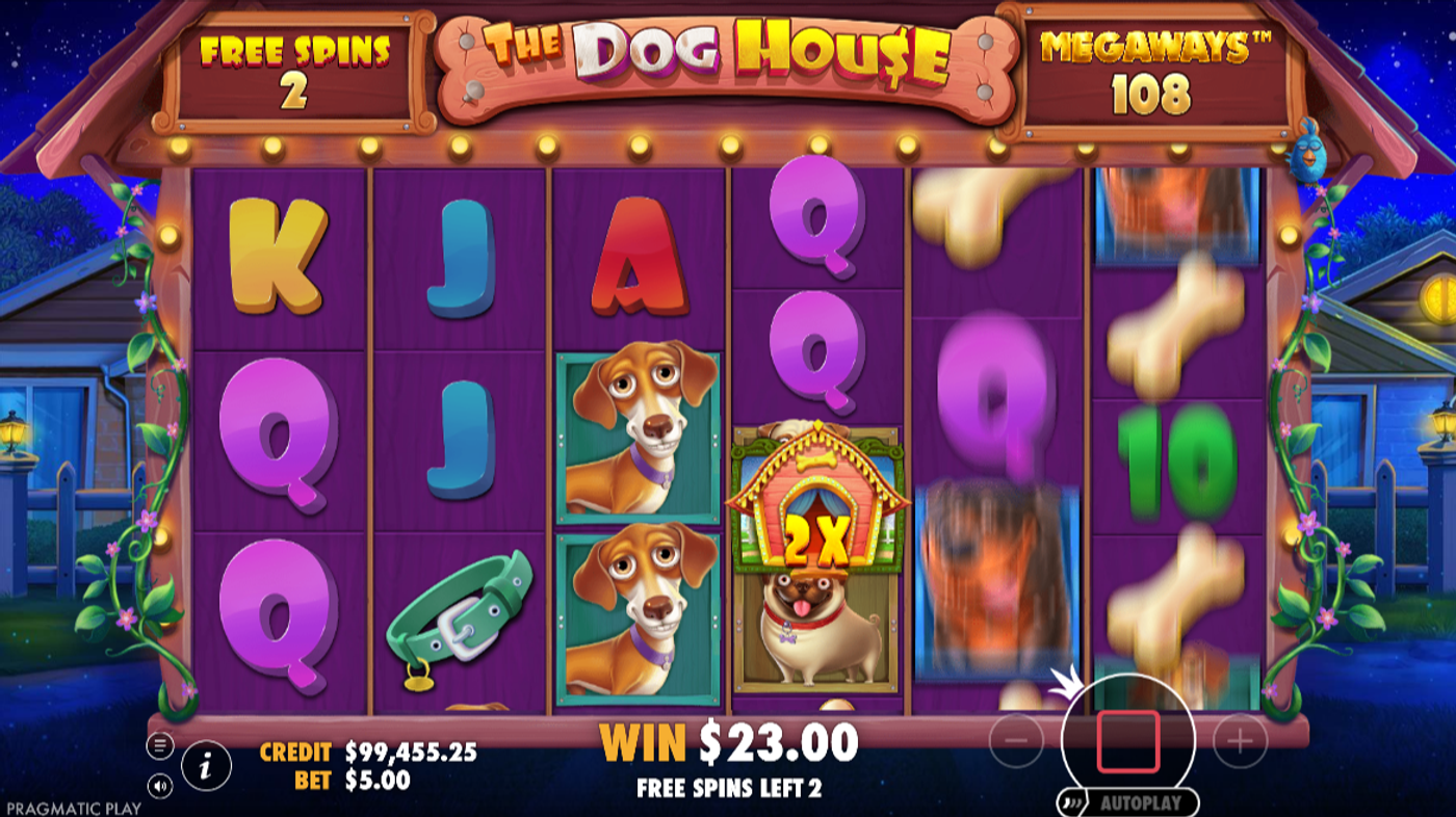 The Dog House Megaways Free Spins round at nighttime with a 2x Wild multiplier