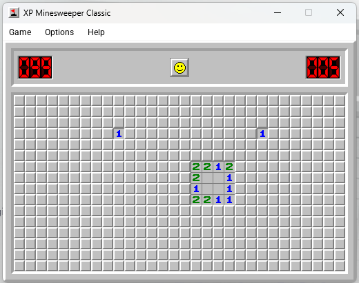 Classic Minesweeper board with number clues showing how many mines touch each square