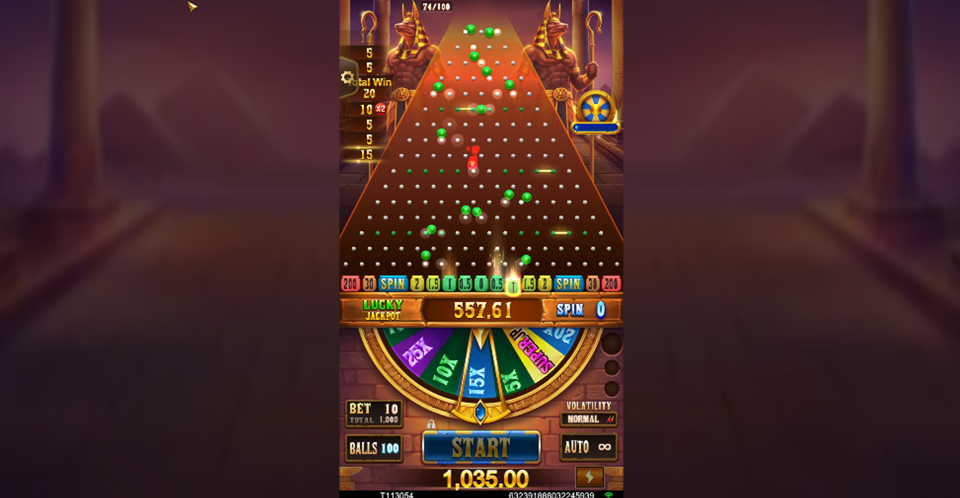 Plinko Empire on high volatility mode showing SPIN slots, 1,000x multiplier, and Lucky Jackpot