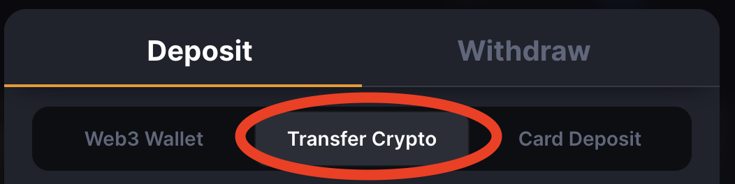 MetaWin Cashier tabs with Transfer Crypto highlighted