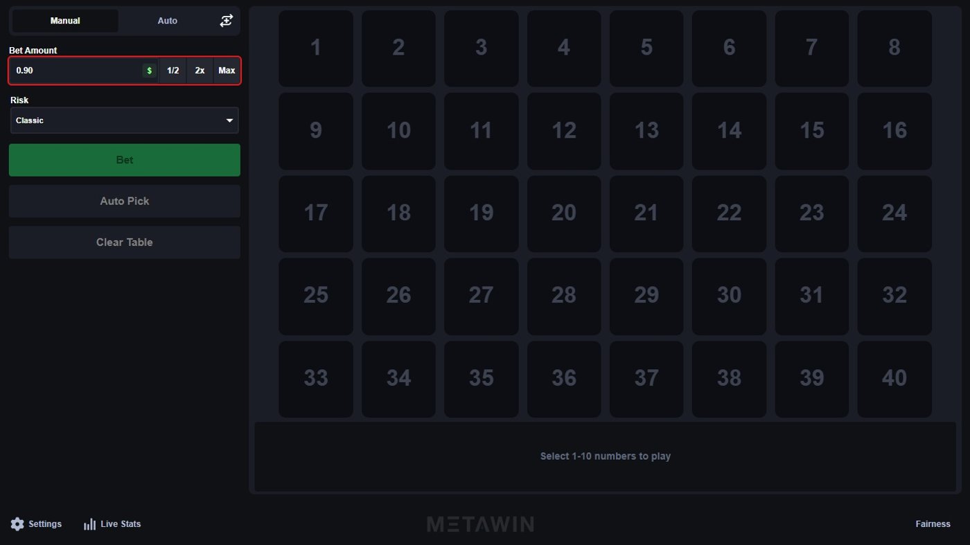MetaWin Keno empty number grid from 1 to 40 with bet controls and Classic risk setting on the left