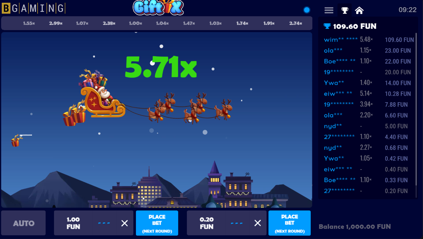Gift X gameplay at 5.71x multiplier showing Santa flying high over a nighttime cityscape
