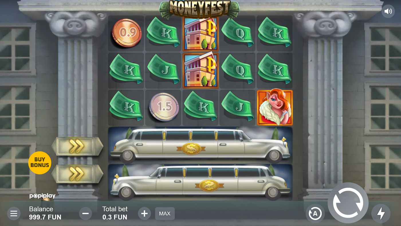 MoneyFest base game showing the 5x3 layout with two limos covering rows 4 and 5, money and character symbols on the reels