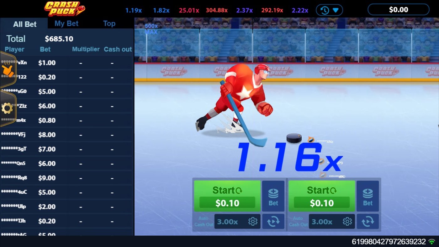 Crash Puck gameplay showing the Red team skating with puck at 1.16x multiplier, dual bet panels, and live player bets