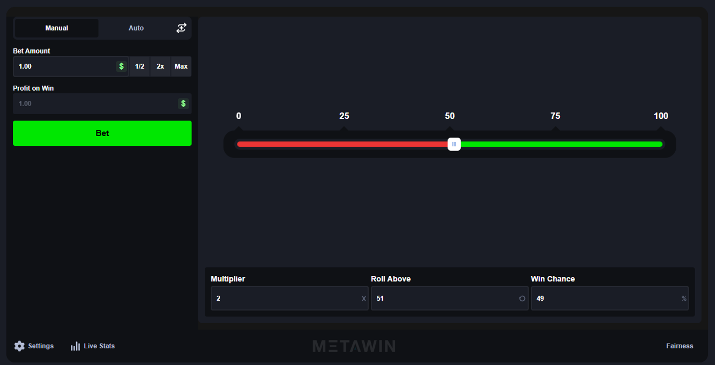 MetaWin Dice showing the clean interface with target number slider, Over/Under selection, and bet controls