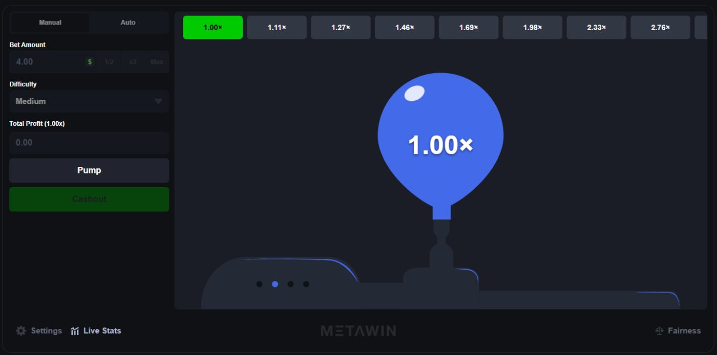 MetaWin Pump showing a blue balloon at 1.00x multiplier with Pump and Cashout buttons on Medium difficulty