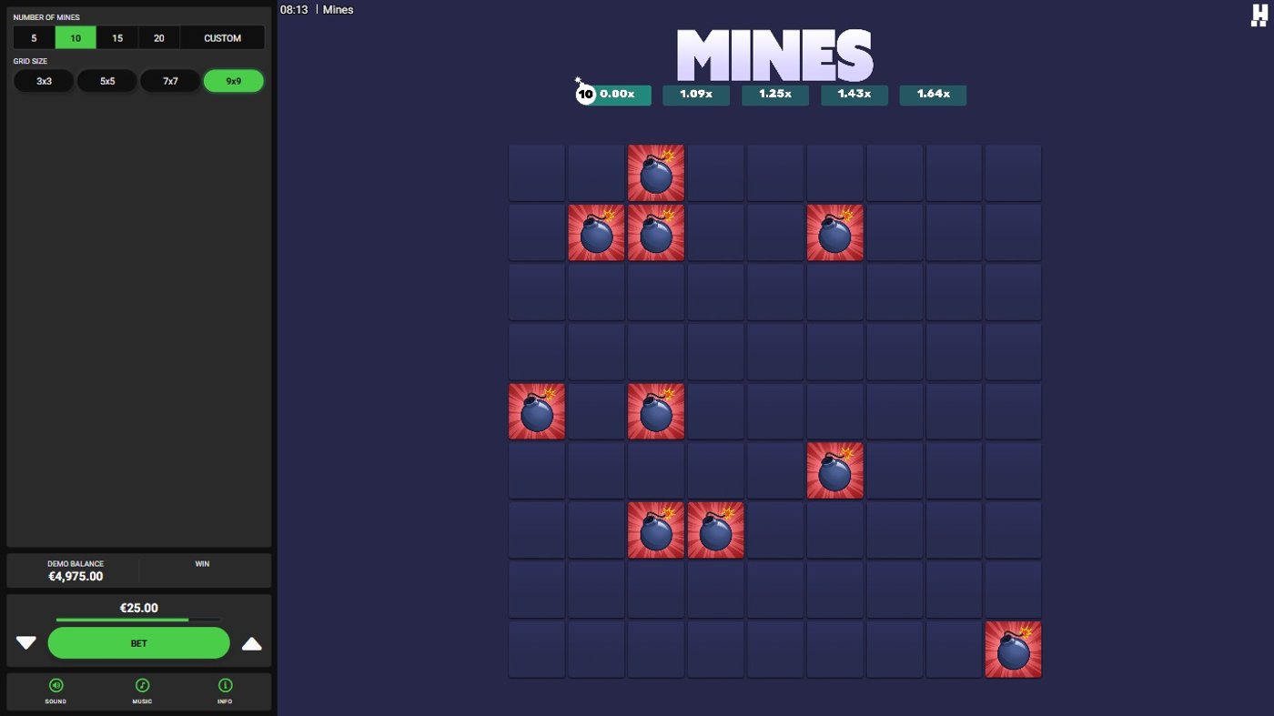 Hacksaw Mines 9x9 grid after hitting a mine, showing all ten mine positions revealed
