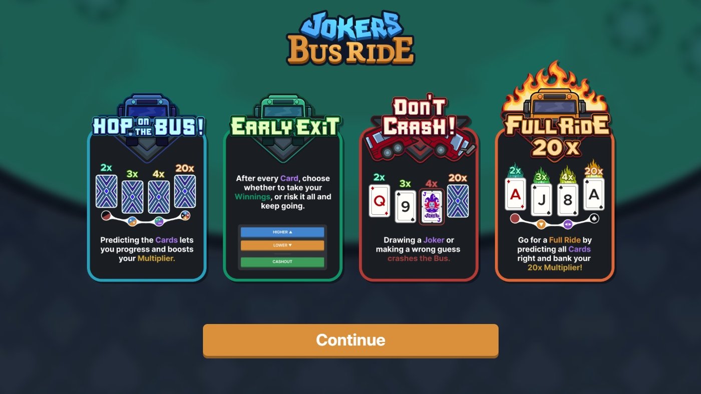 Jokers Bus Ride tutorial screen showing the four game stages: Hop on the Bus, Early Exit, Don't Crash, and Full Ride 20x