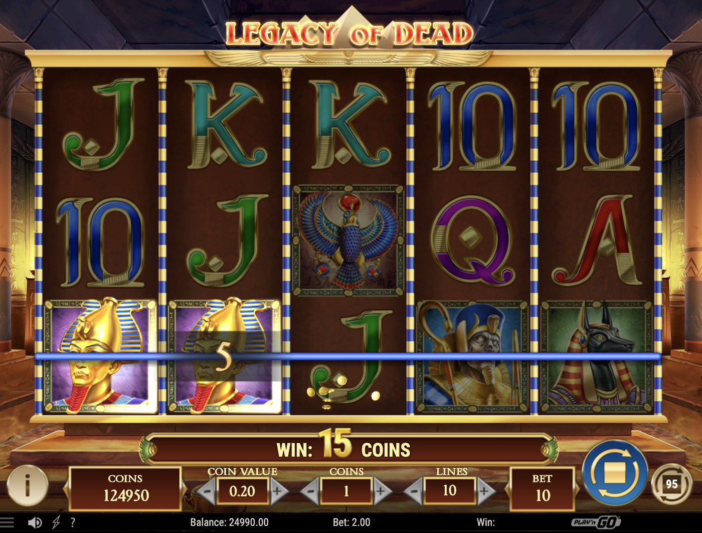 Legacy of Dead base game showing the 5x3 reel grid with Egyptian symbols including Anubis, scarab, and card symbols