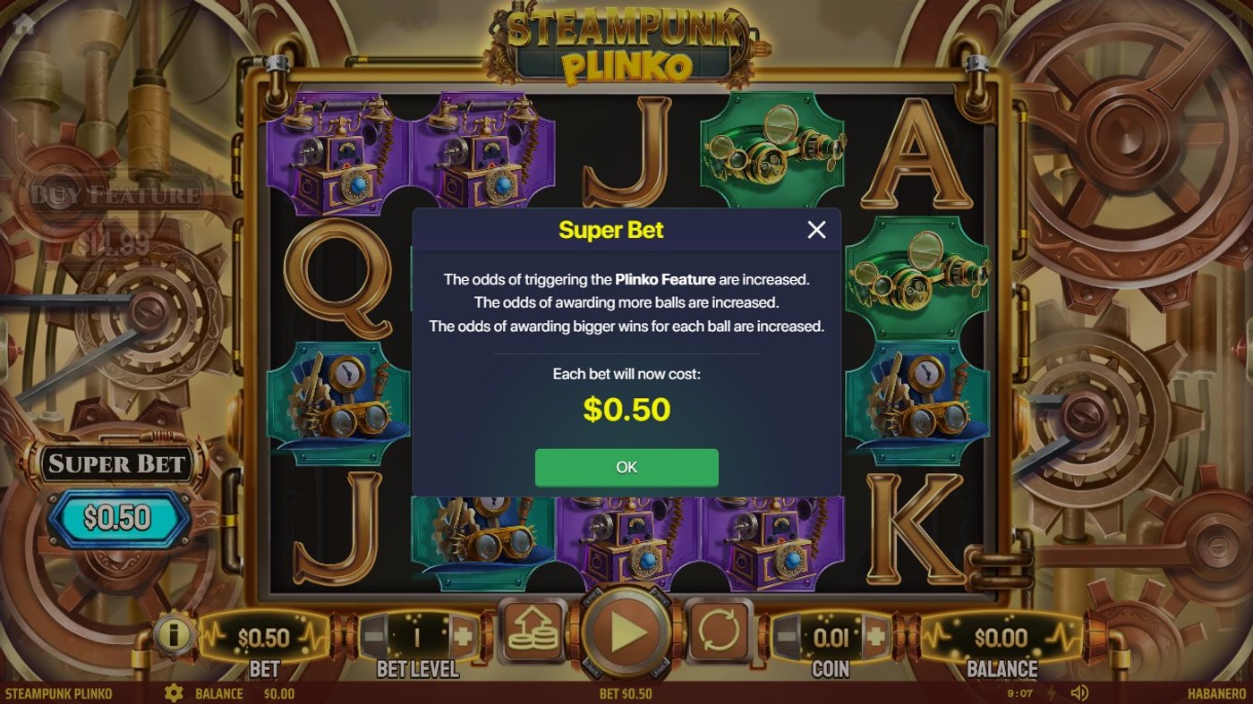 Steampunk Plinko gameplay showing reel symbols and bet controls