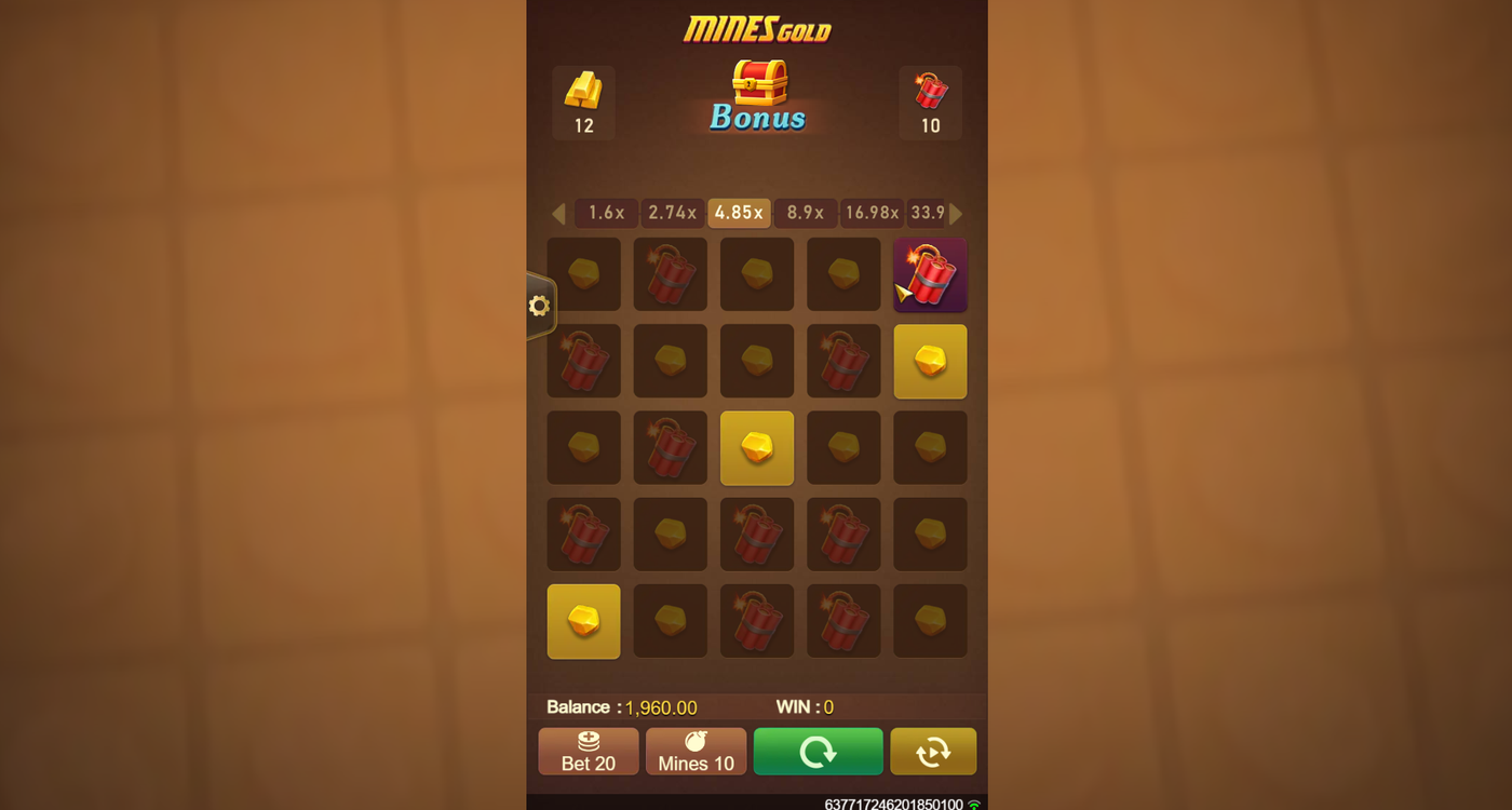 Mines Gold full board revealed showing gold bars and dynamite tiles with 4.85x multiplier