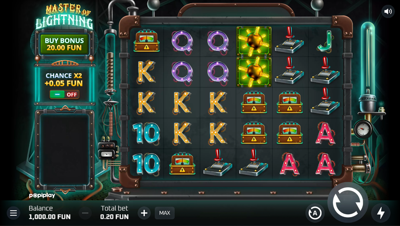 Master of Lightning base game showing the 6x5 grid in Tesla's laboratory with Buy Bonus, Chance x2 toggle, and collection meter