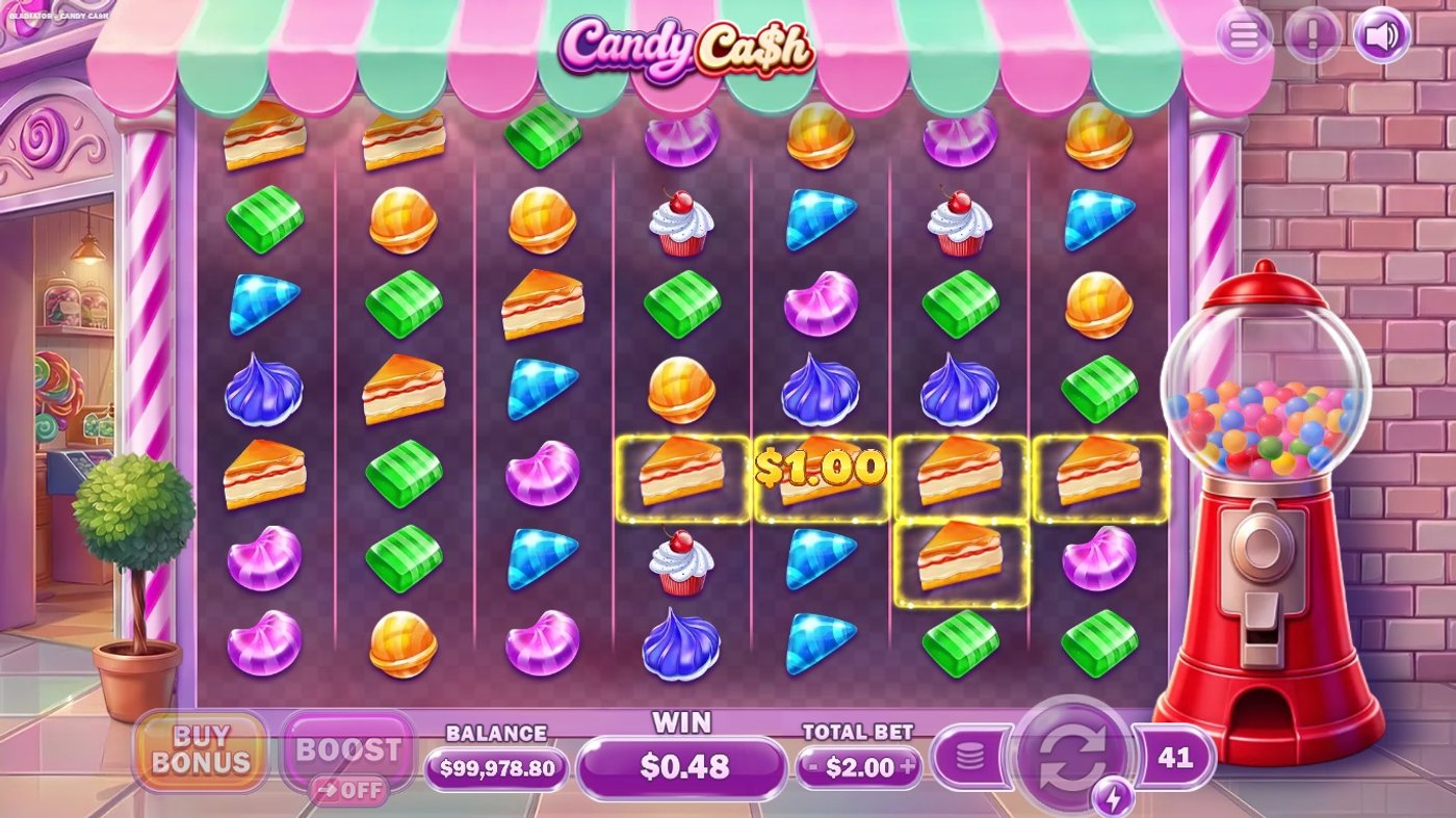 Candy Cash base game with a $1.00 cluster win highlighted on cake symbols across the 7x7 grid