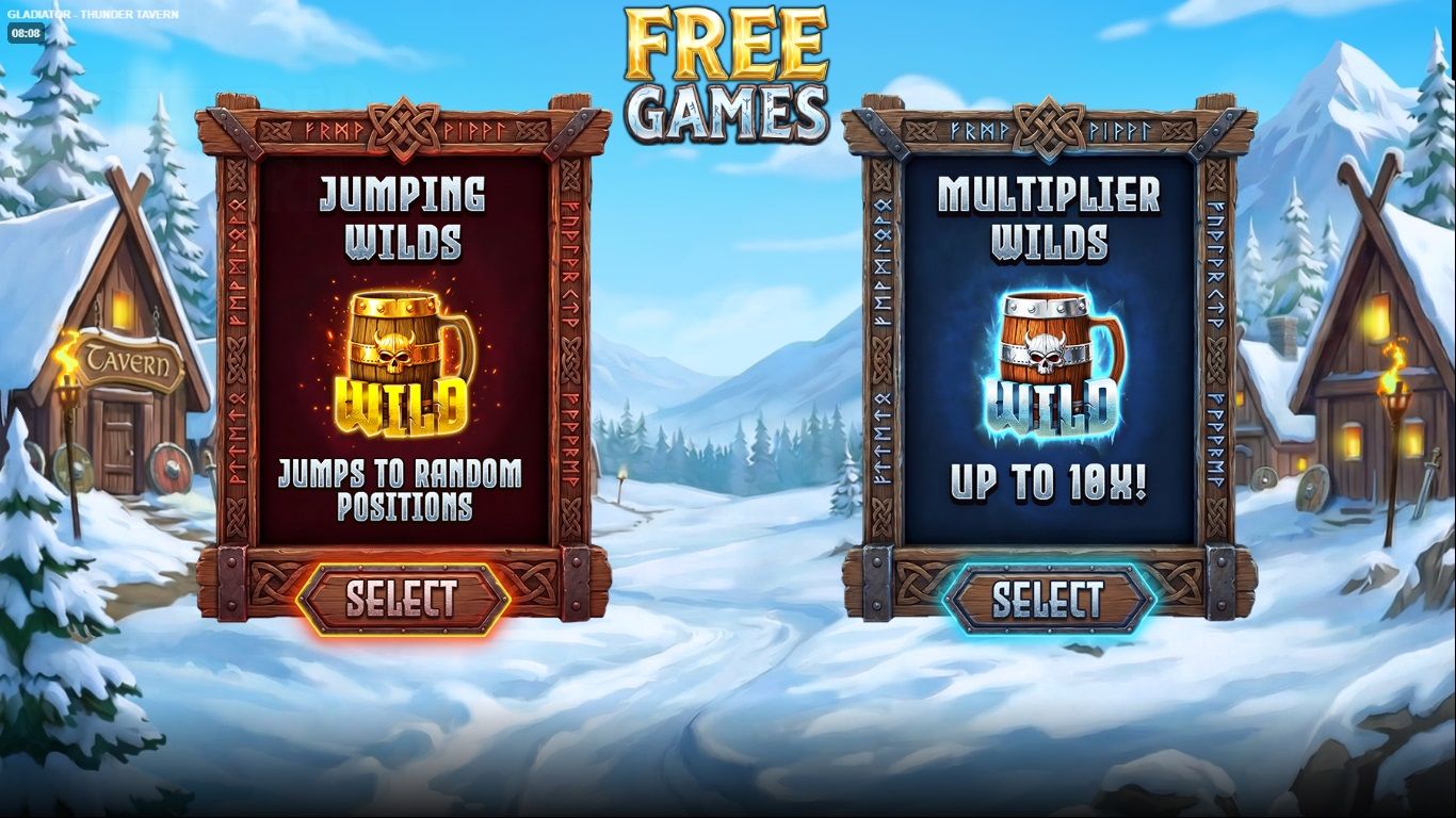Thunder Tavern Free Games selection screen showing Jumping Wilds and Multiplier Wilds bonus modes