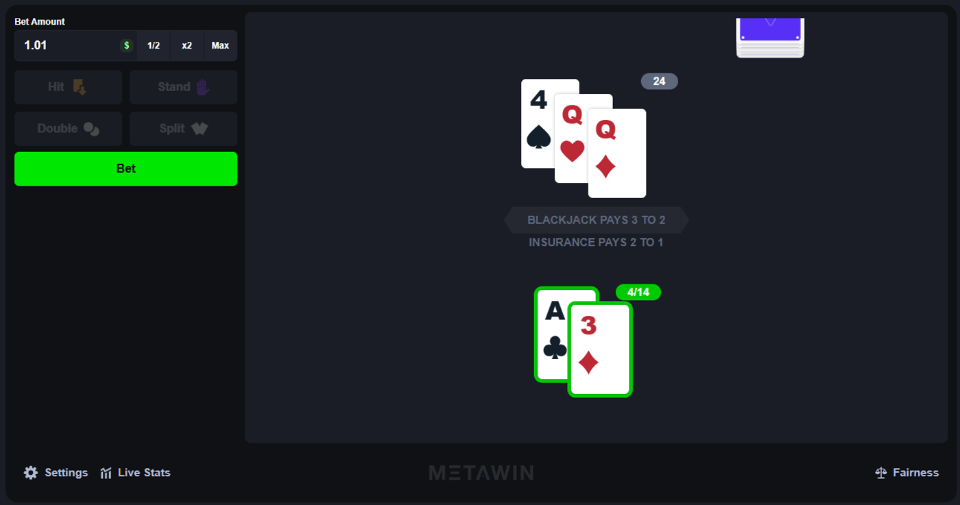 MetaWin Blackjack mid-hand showing dealer bust at 24 vs player's ace-three soft 14
