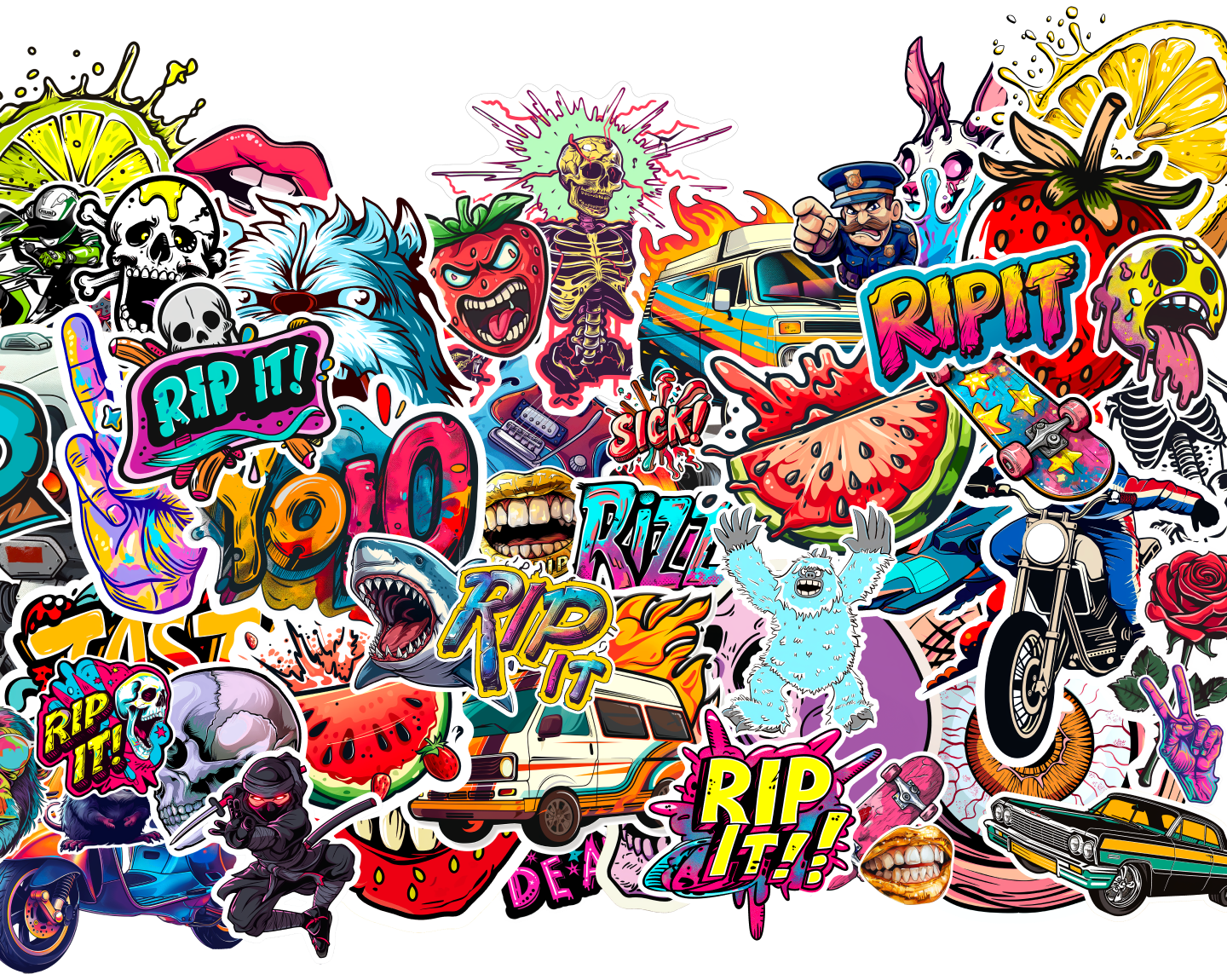 Rip It Stickers showing a collage if stickers like lips, skulls, angry strawberry, sick! Shark etc.