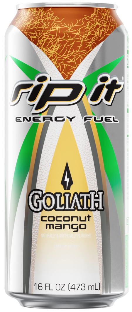 A can of Goliath (Coconut Mango flavor).