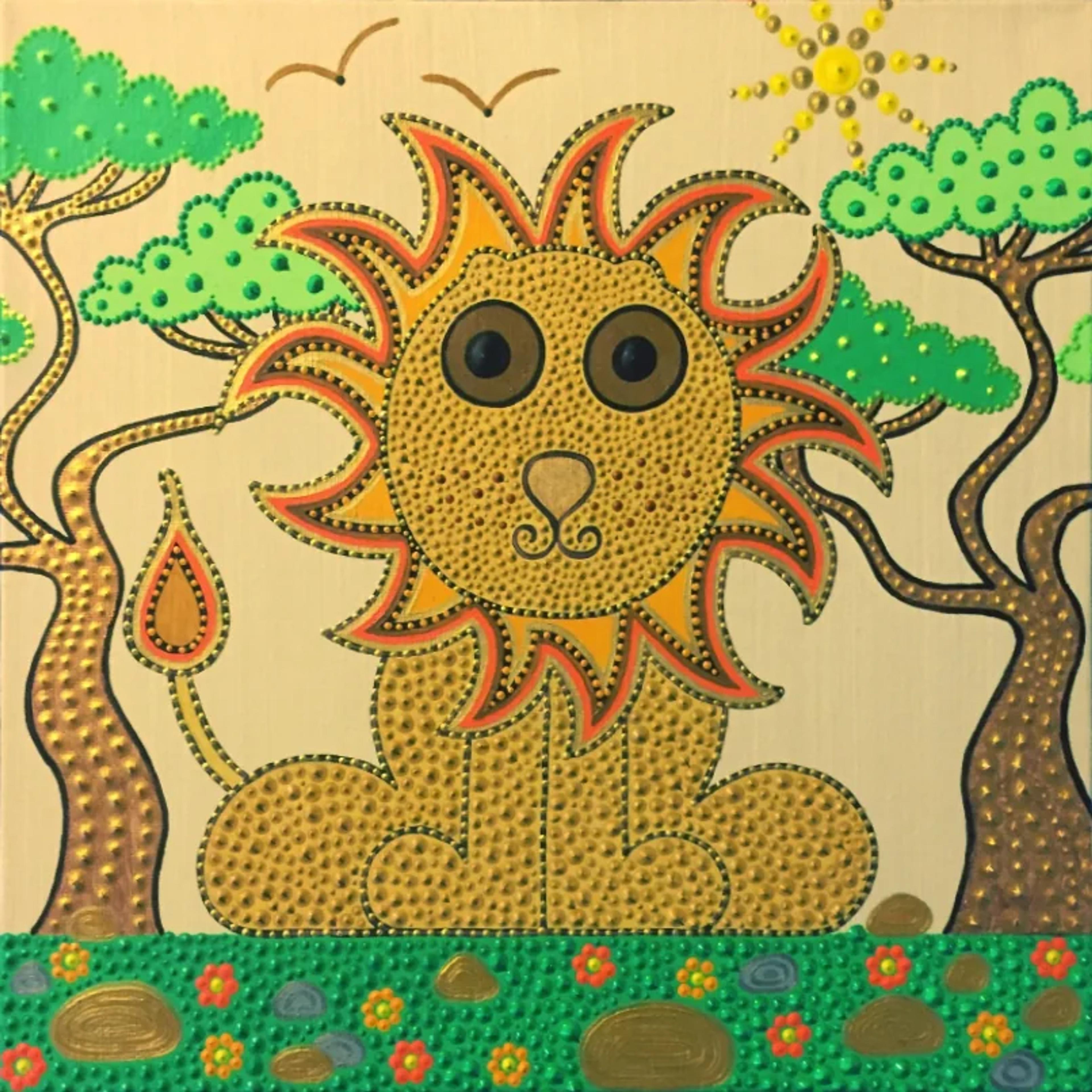 Caroline Pons présente un lion stylisé en points dorés, crinière orange et arbres verts, sous un soleil rayonnant. Cette toile joyeuse est un Art aborigène contemporain aux couleurs vives.