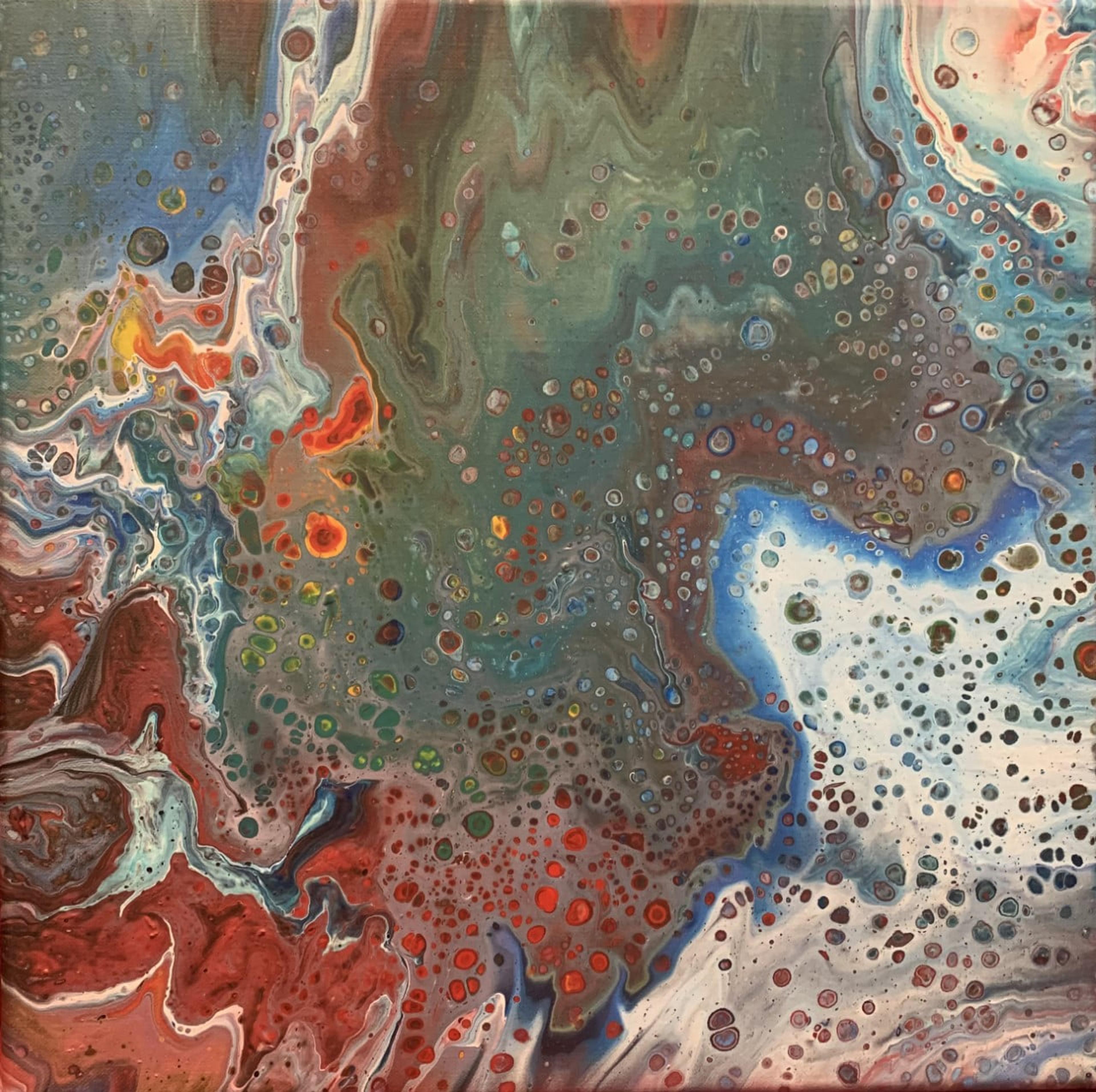 Art mural unique "Sans titre — Toile #361" de Caroline Pons. Peinture fluide abstraite, couleurs riches (bleu, rouge, vert), formes ondulantes et innombrables points.