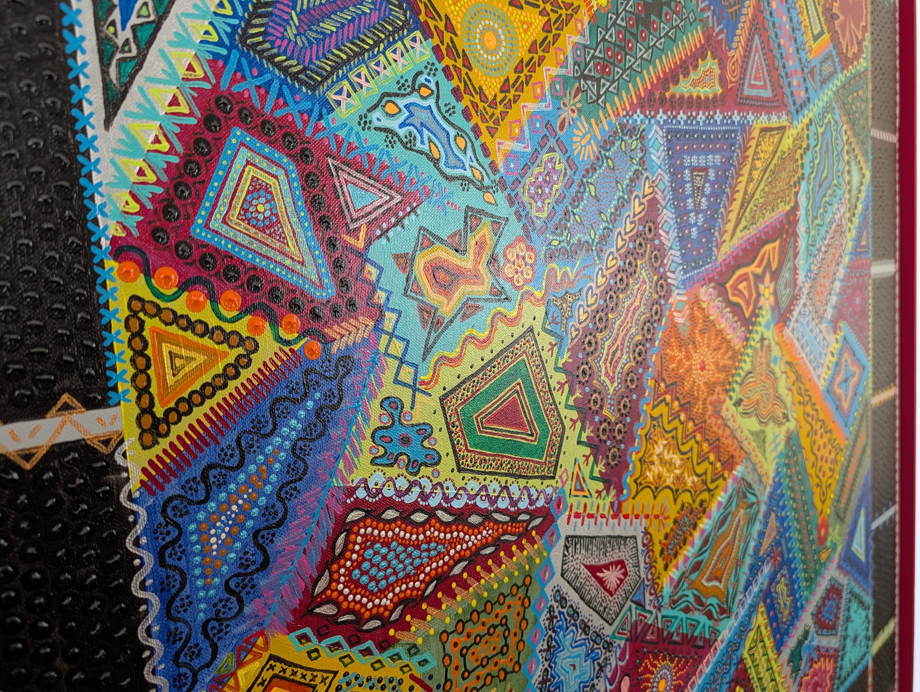 Vibrant detail of Caroline Pons' artwork Crazy, showcasing rich geometric patterns and colorful dot art. This contemporary fine art piece bursts with intense textures and a vivid palette.