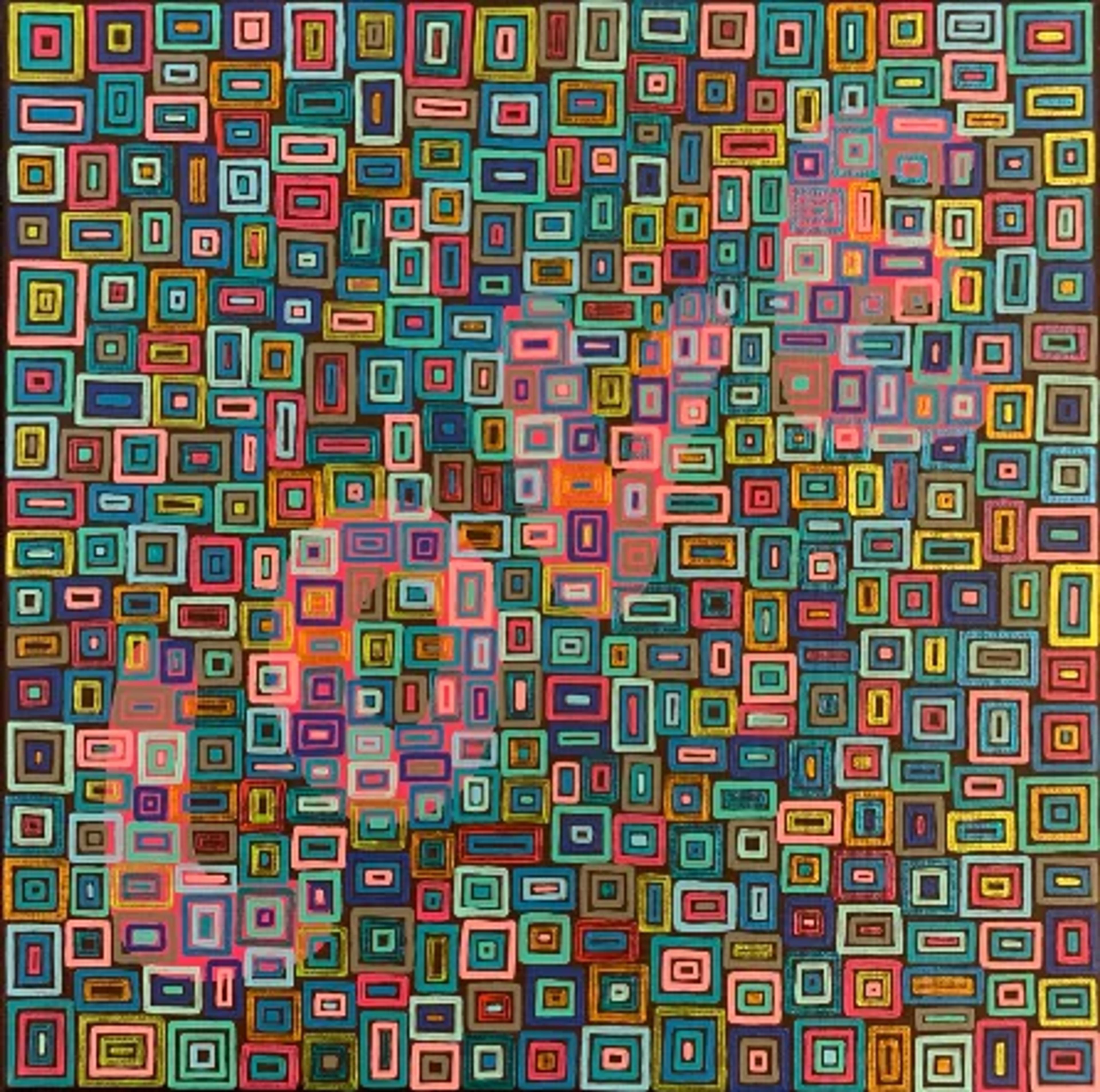 Art aborigène contemporain "Sans titre — Toile #286" par Caroline Pons. Motifs complexes de rectangles imbriqués, couleurs vives (bleu sarcelle, rose, or) sur fond sombre, avec une vague lumineuse.