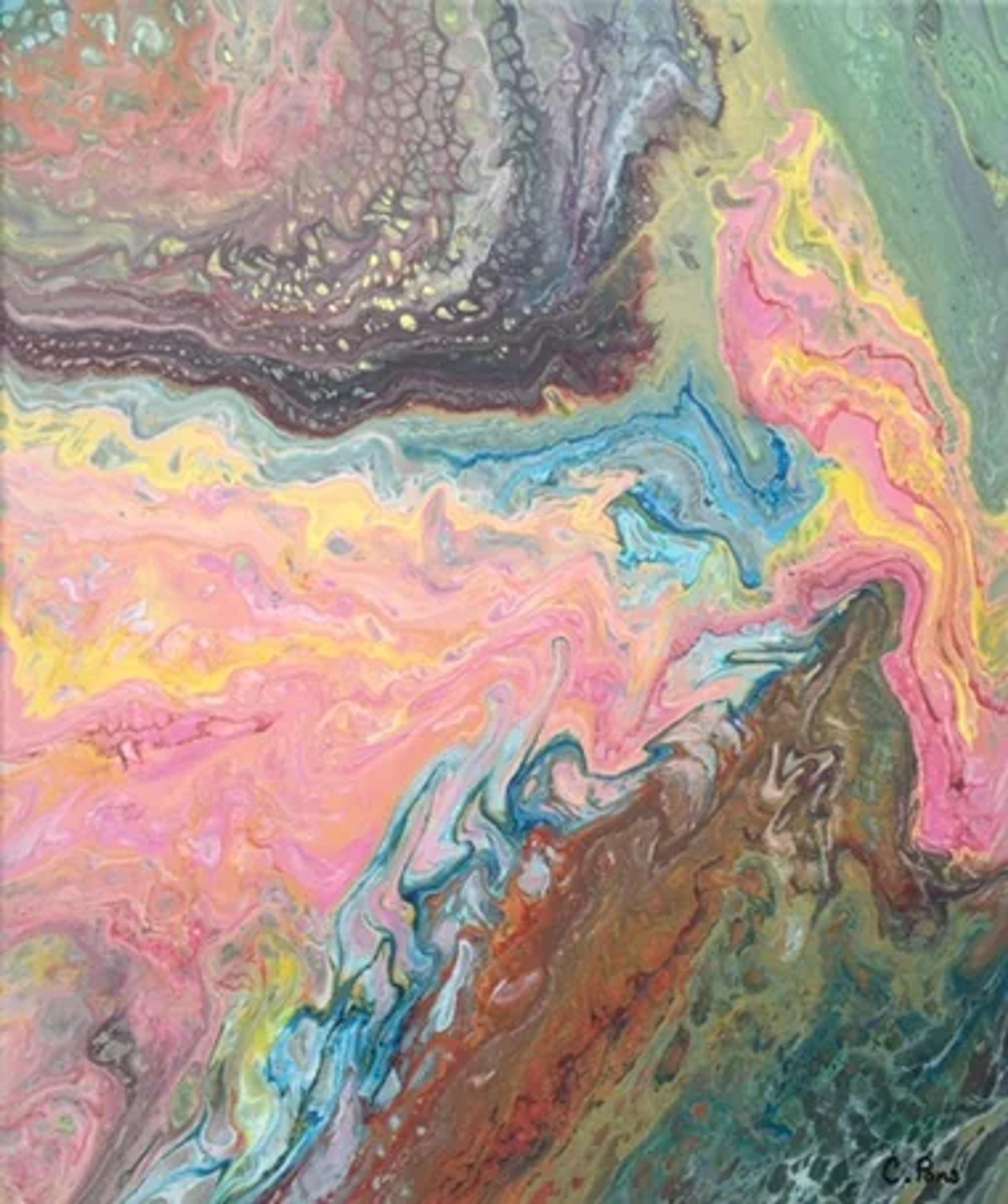 Tableau abstrait contemporain de Caroline Pons, aux motifs fluides et marbrés. Palette vibrante de roses, jaunes, bleus et verts, typique de l'acrylic pouring.