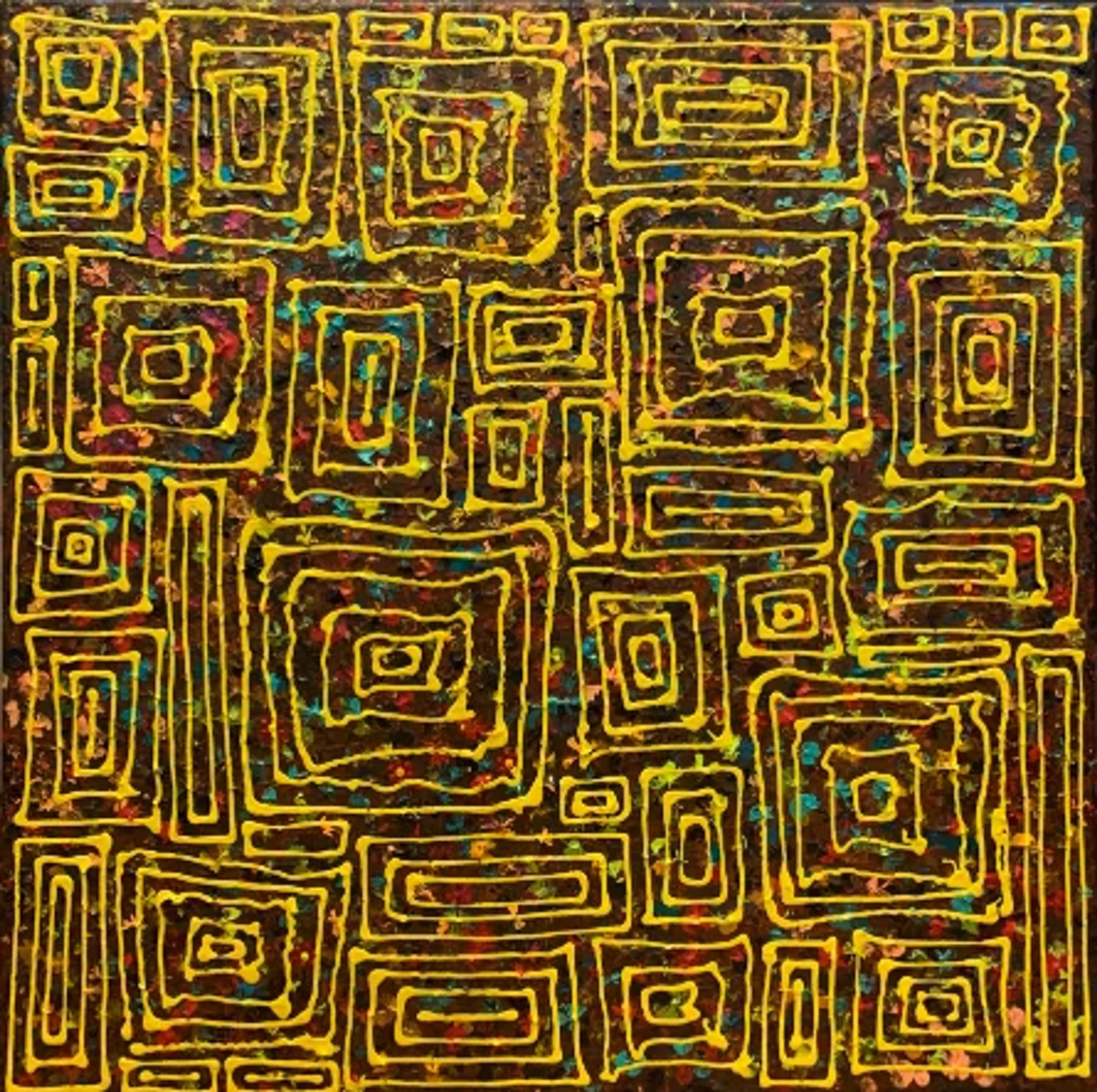 «Carrés nomades» by Caroline Pons. Modern abstract painting with bright yellow geometric squares and colorful dot patterns on a dark ground.