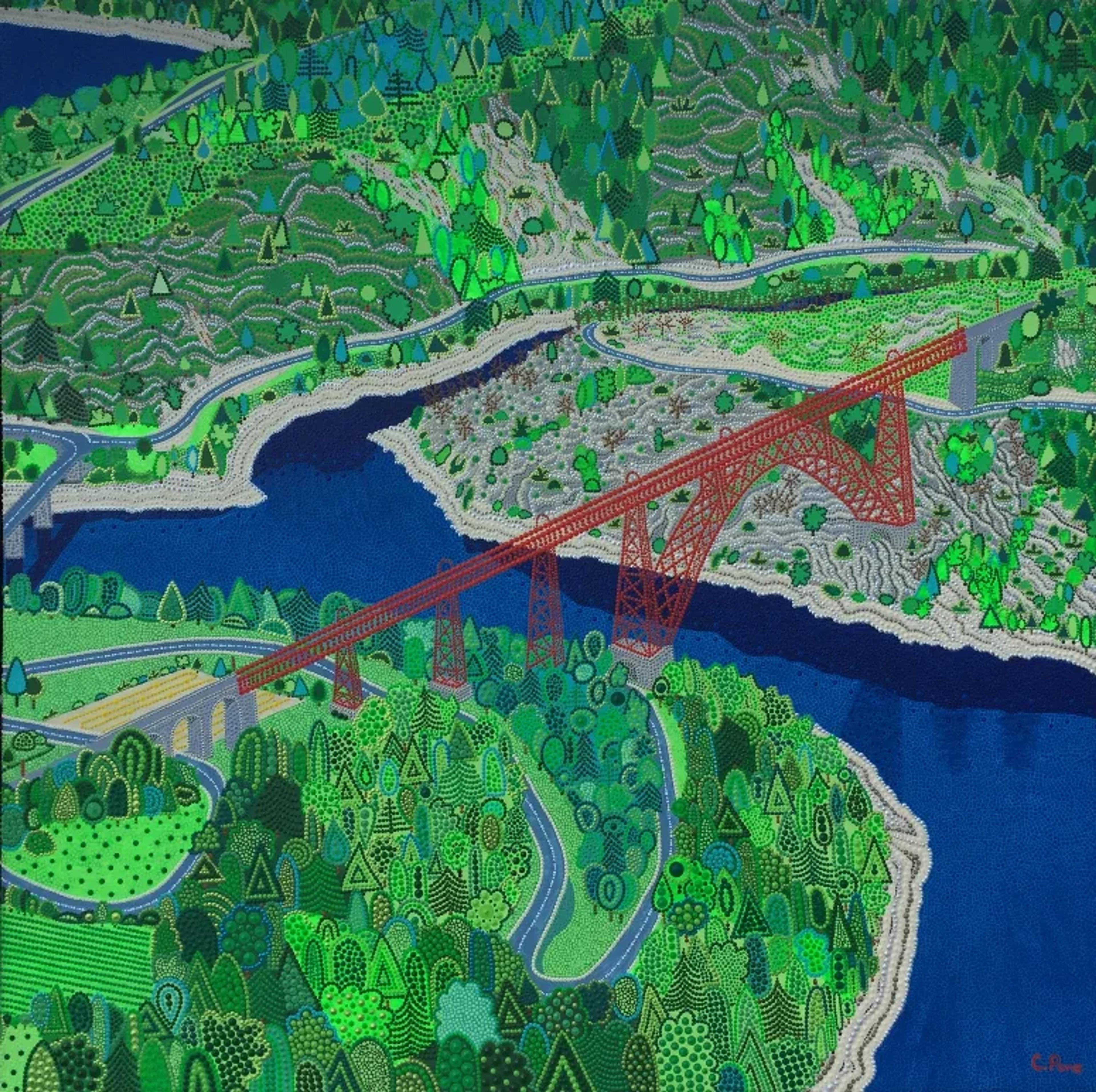 Peinture Garabit de Caroline Pons. Vue aérienne vibrante d'un paysage fluvial et d'un grand viaduc rouge, réalisée en points de nuances vertes et bleues. Art aborigène contemporain.