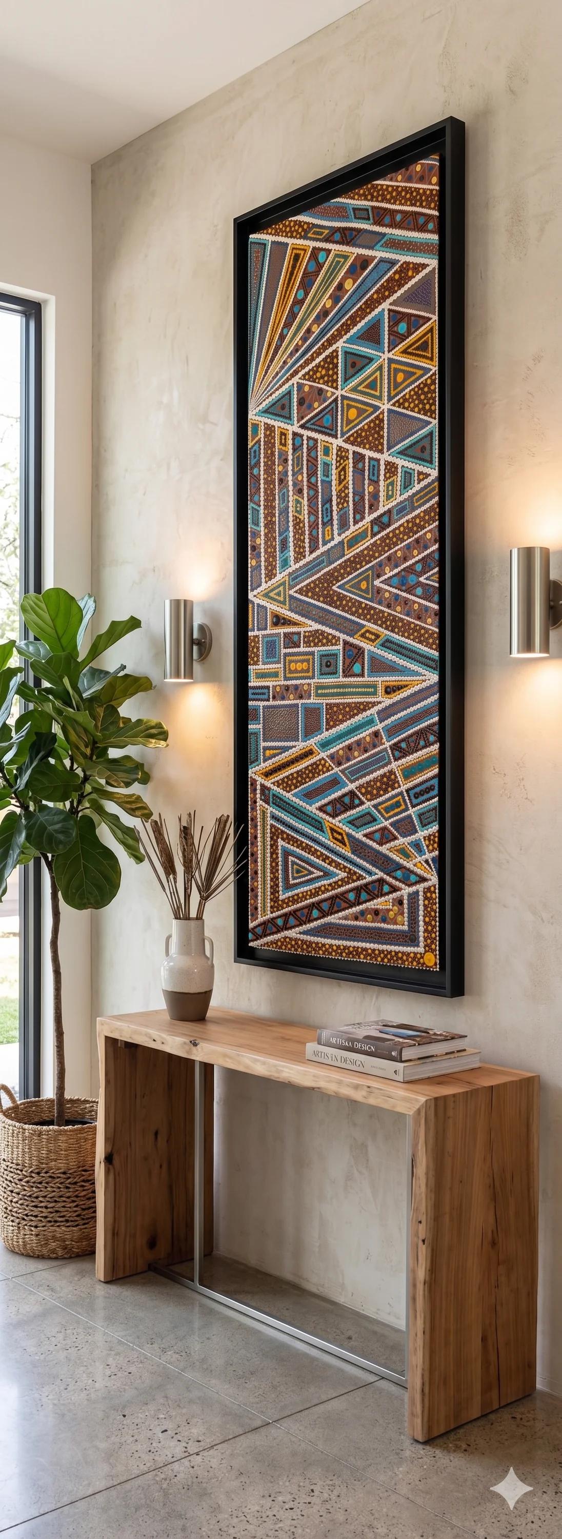 « Perspectives croisées », tableau abstrait contemporain de Caroline Pons, révèle des motifs géométriques en points bleus, bruns, jaunes dans un intérieur moderne et lumineux au-dessus d'une console.