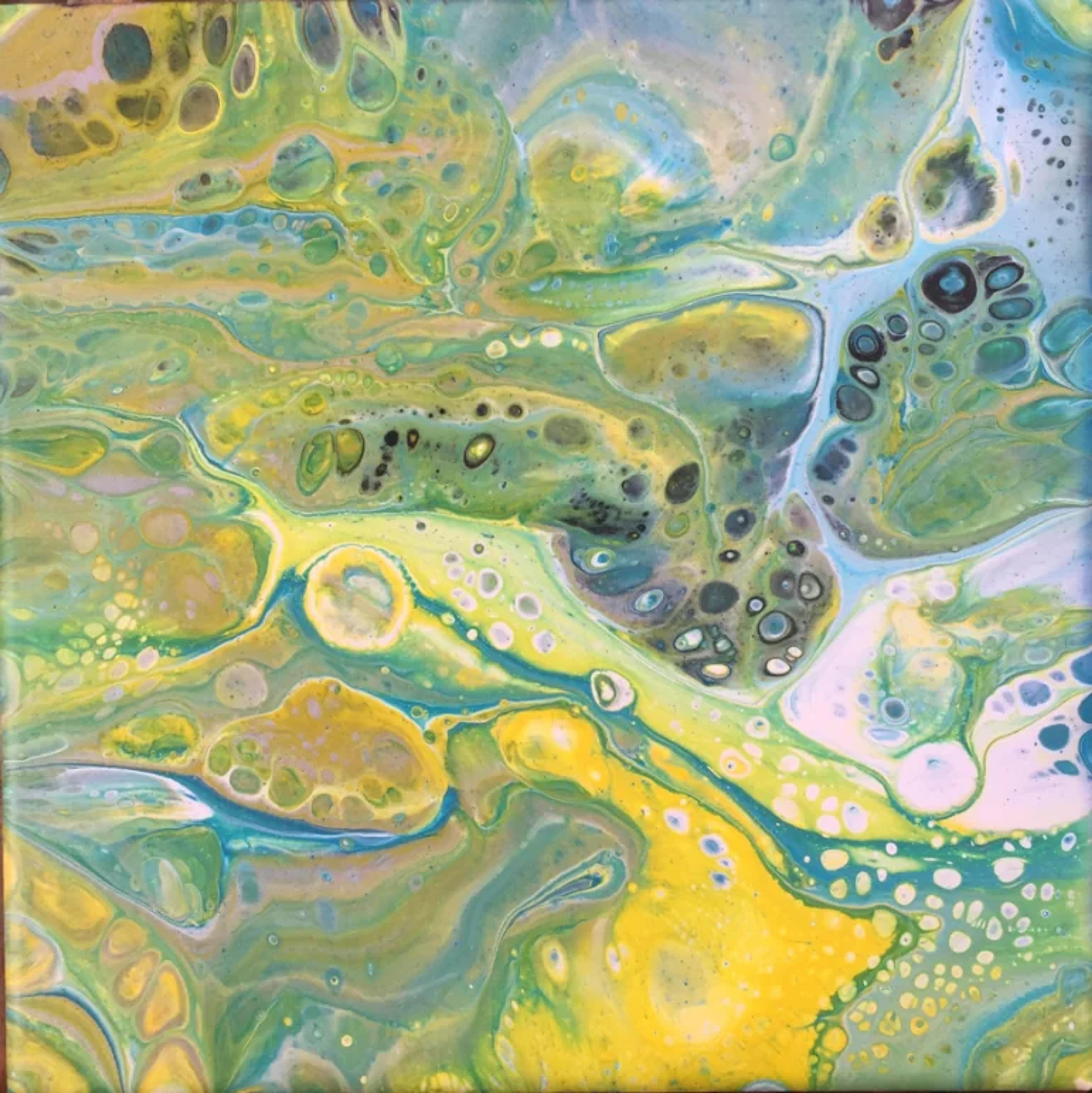 Caroline Pons présente ce tableau abstrait contemporain 'Acrylic pouring'. Œuvre fluide aux couleurs vives de jaune, vert et turquoise, avec des cellules et formes organiques dynamiques.