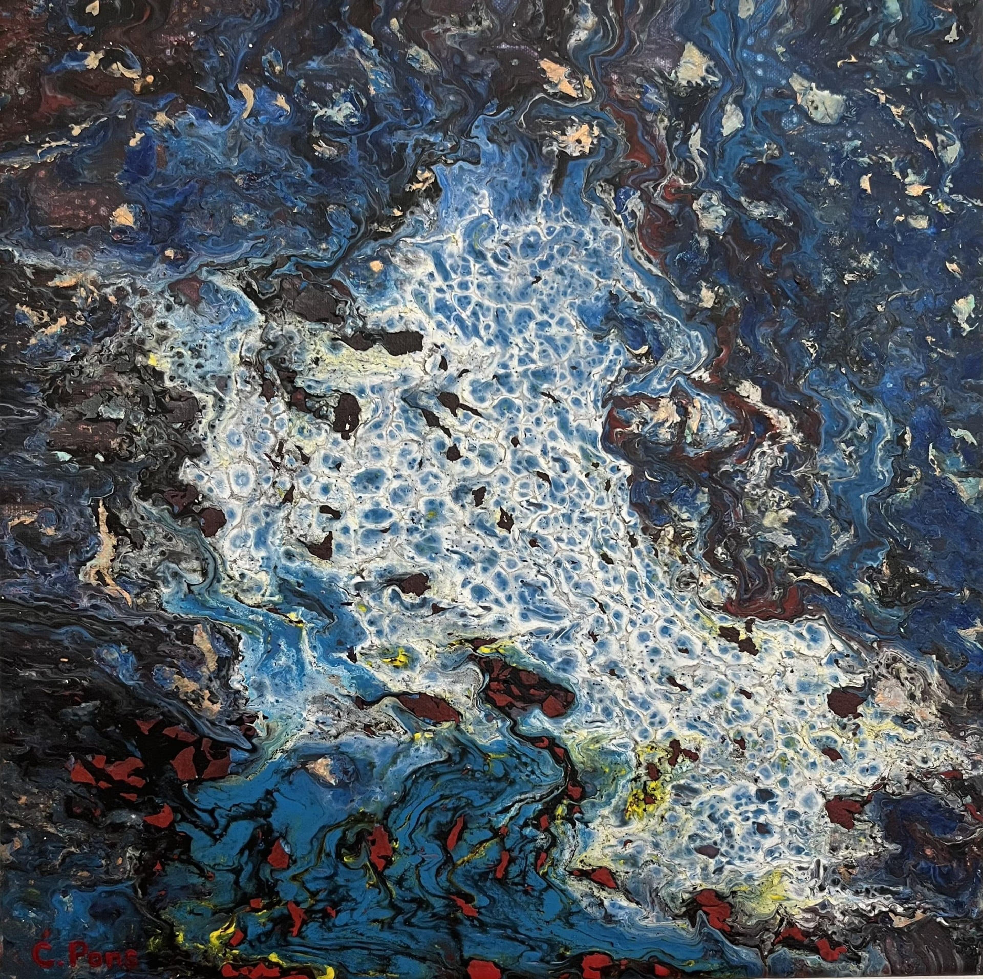 Pouring Narse 2024, tableau abstrait contemporain de Caroline Pons. Texture riche en bleus profonds, blanc moussant effet points, avec touches de rouge et or.