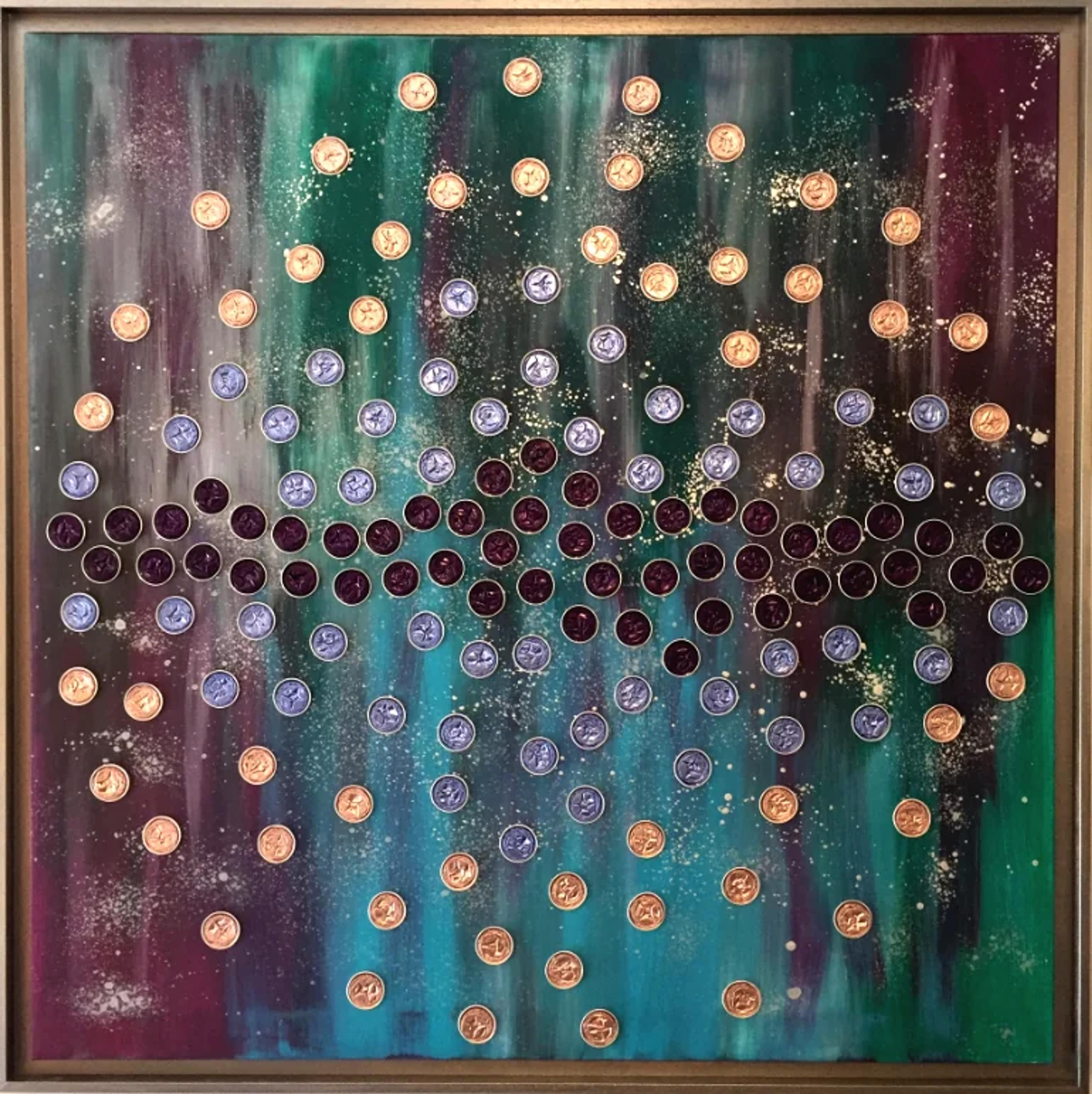 Modern abstract painting by Caroline Pons, 'Géante gazeuse (Nespresso)'. Gold, blue, purple Nespresso capsules in dot art on green-teal and plum background, vibrant cosmic ambiance.
