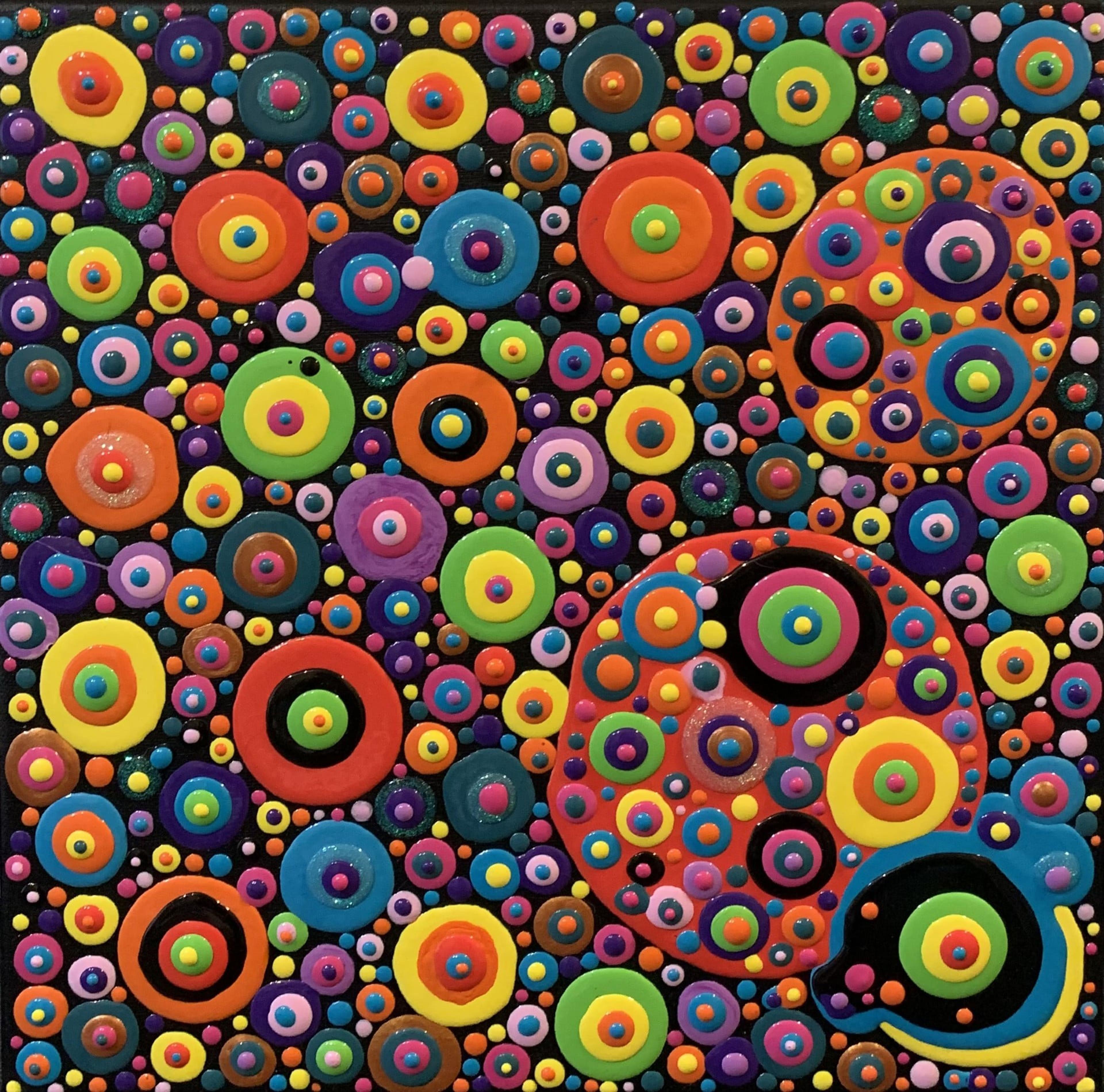 Tableau abstrait contemporain 'Blobs' de Caroline Pons, vibrant et texturé, avec des points et cercles concentriques multicolores sur fond noir.