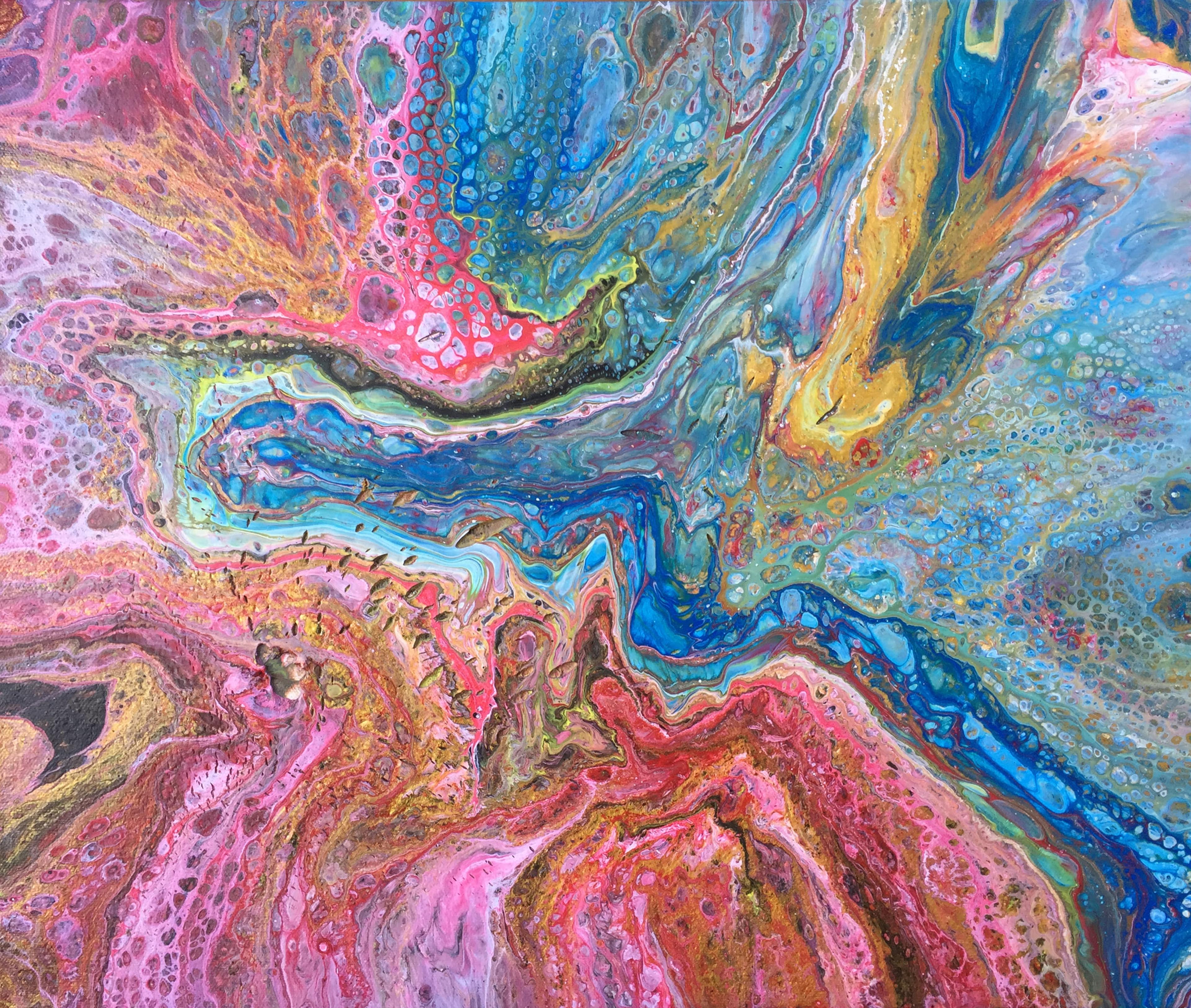 Tableau abstrait contemporain de Caroline Pons, 'Acrylic pouring du réveillon / Chatpons'. Fluides bleus, roses vifs et ors se mêlent en motifs cellulaires dynamiques, texture envoûtante.