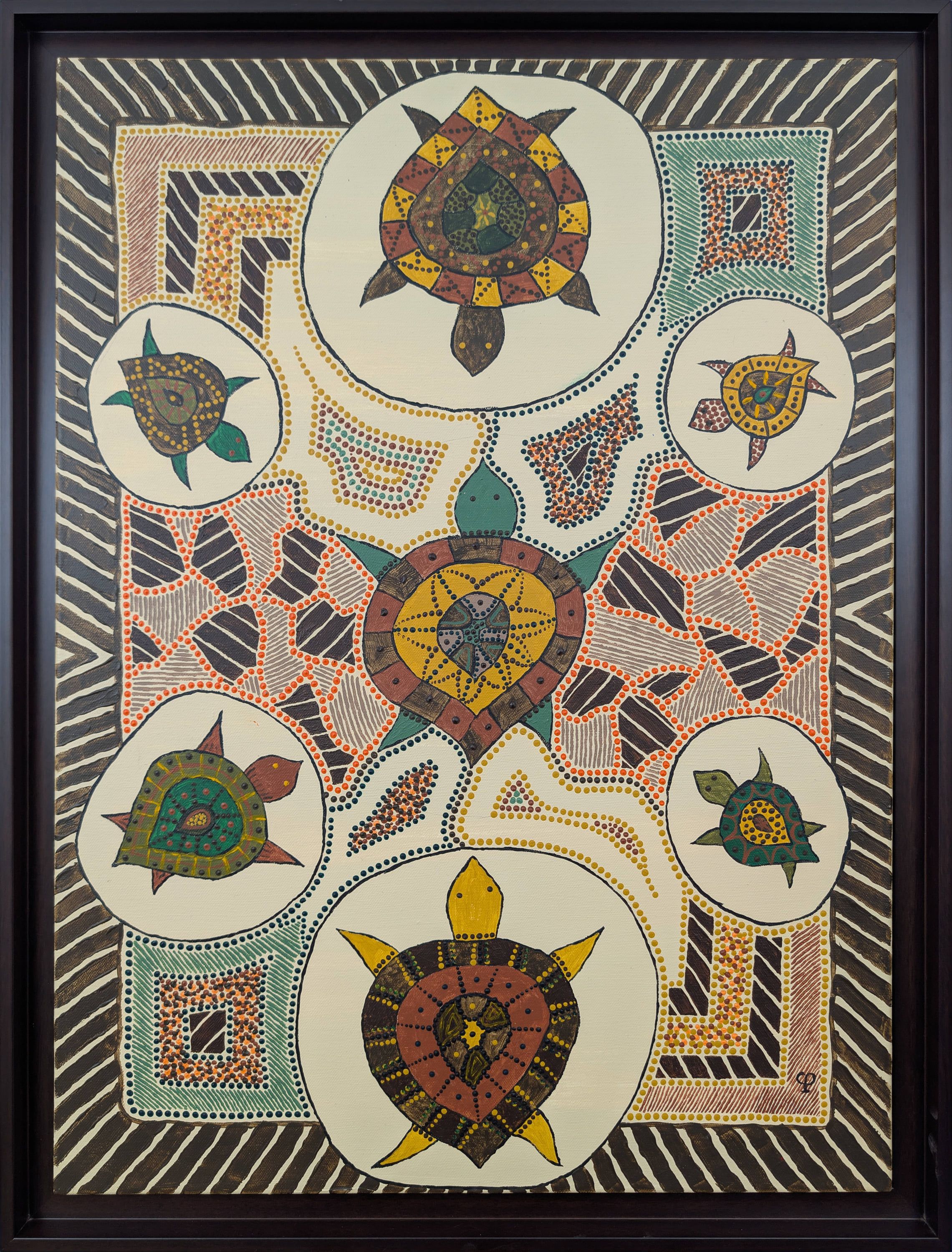 Art aborigène contemporain de Caroline Pons : Les tortues. Peinture dot art encadrée, motifs de tortues stylisées aux couleurs terreuses (jaune, vert, marron) sur fond clair.