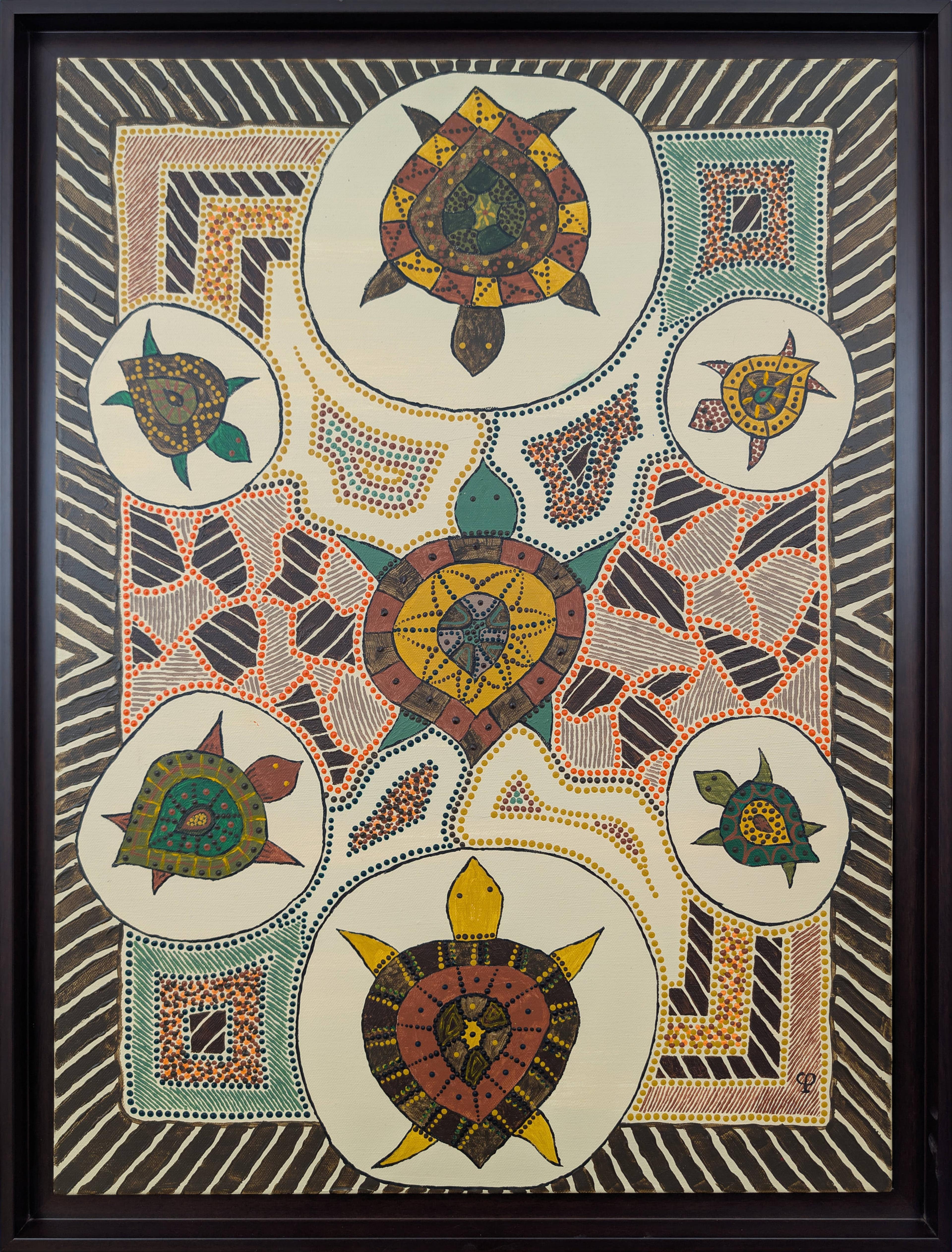 Art aborigène contemporain de Caroline Pons : Les tortues. Peinture dot art encadrée, motifs de tortues stylisées aux couleurs terreuses (jaune, vert, marron) sur fond clair.