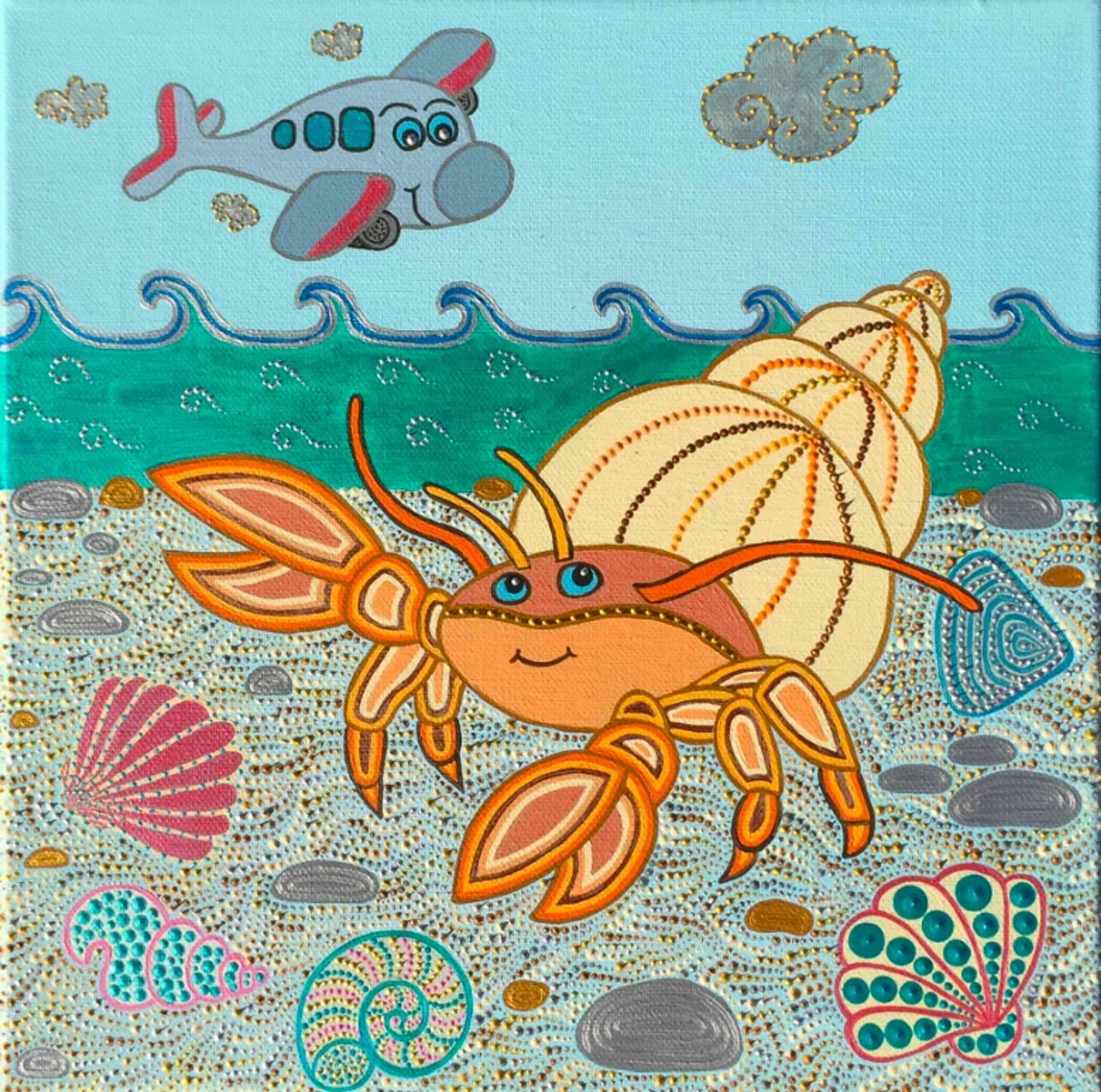 Bernard l'hermite Maxime de Caroline Pons. Art aborigène contemporain coloré d'un crabe ermite souriant sur fond marin bleu pointilliste, entouré de coquillages vibrants et d'un avion ludique.