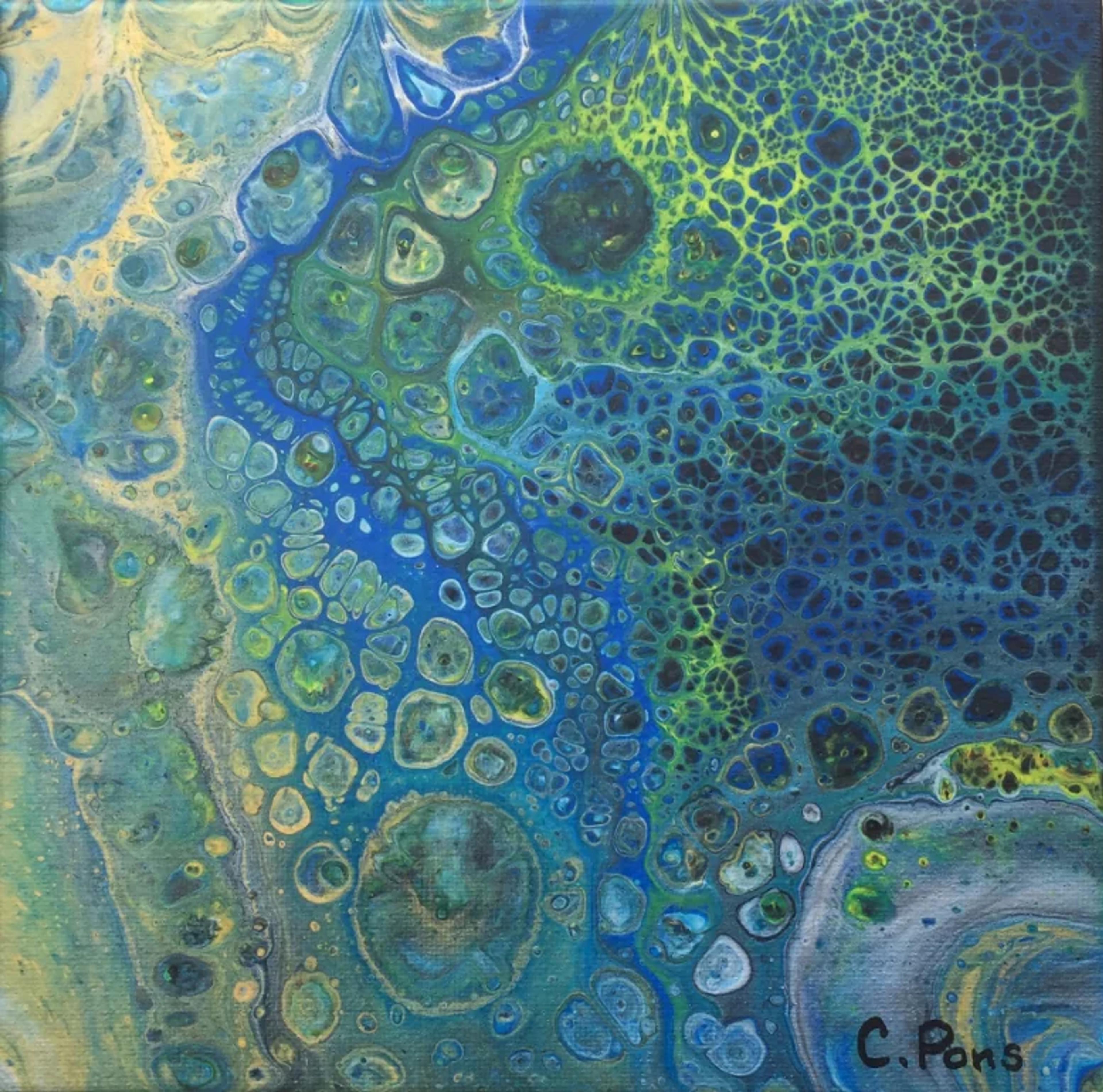 Tableau abstrait contemporain de Caroline Pons: coulée acrylique bleu, jaune, vert, aux motifs cellulaires et organiques vibrants.