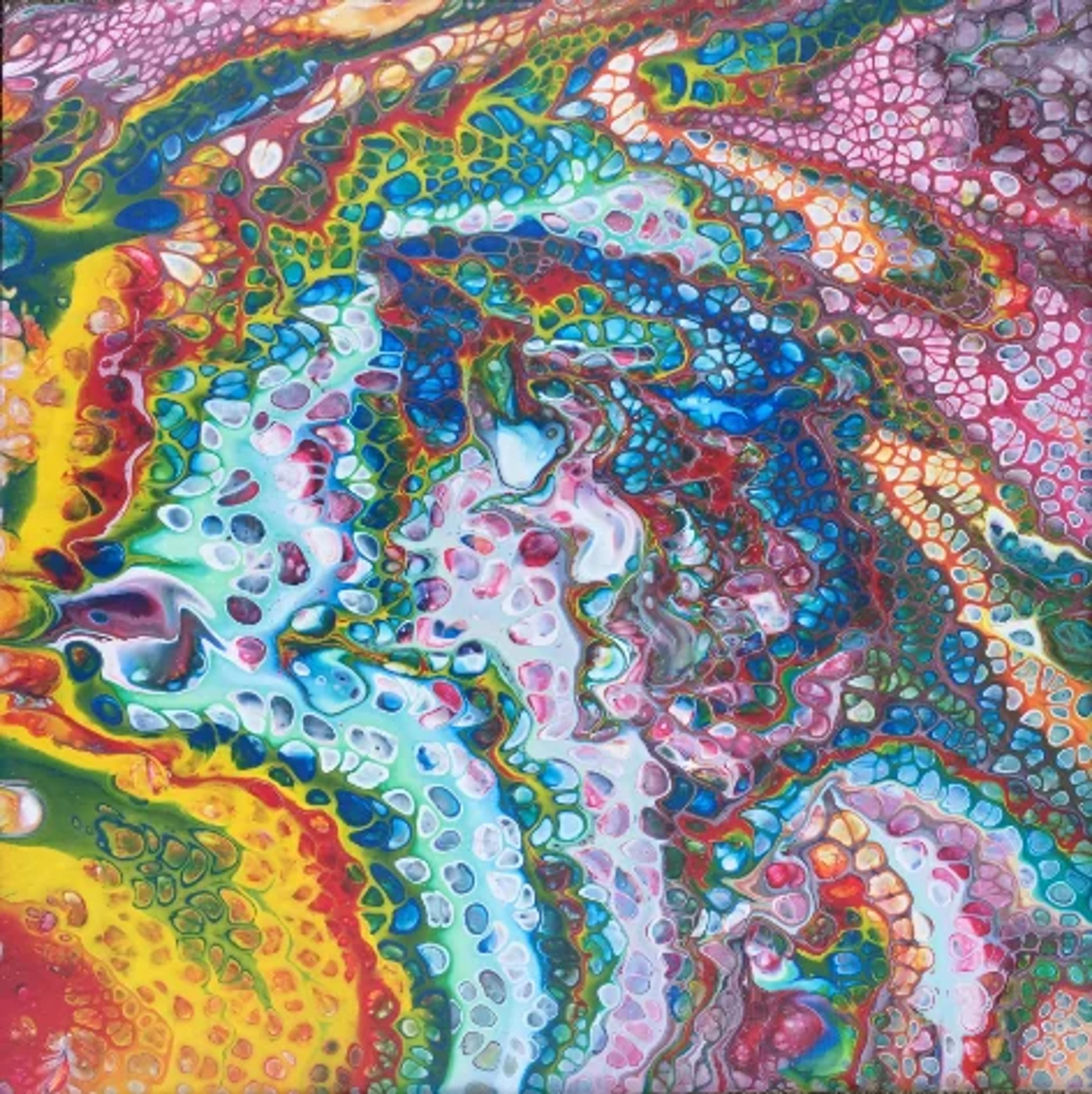 Tableau abstrait contemporain Caroline Pons. Coulée acrylique vive couleurs primaires, motifs cellulaires et fluides texturés. Art moderne aux teintes éclatantes.