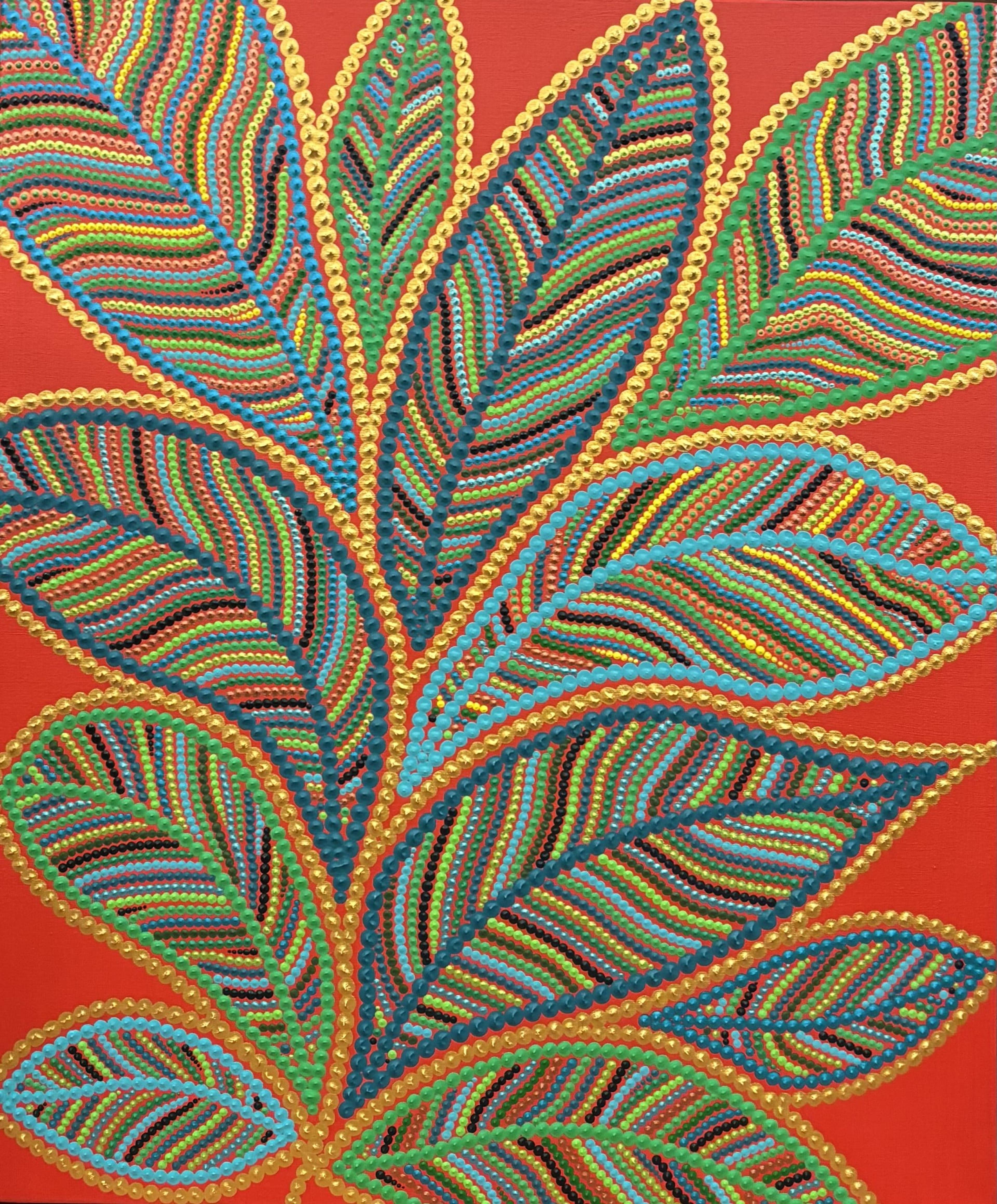 L'œuvre "Souffle végétal" de Caroline Pons, une toile acrylique vibrante. Dot art en points multicolores (verts, bleus, or, noirs) formant des motifs végétaux sur fond rouge orangé chaud.