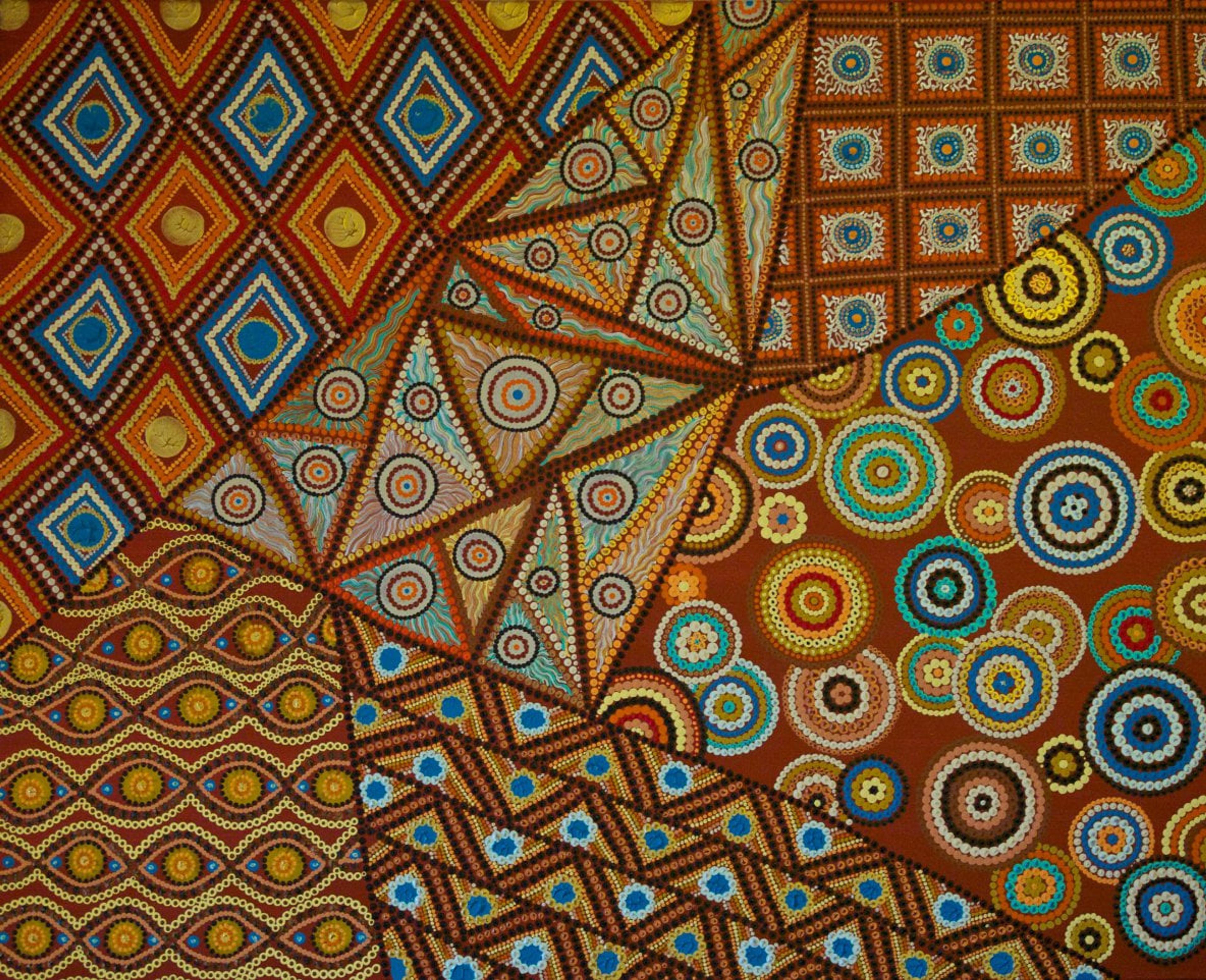 "Crazy patch", art aborigène contemporain de Caroline Pons. Mosaïque vibrante aux motifs géométriques pointillistes, cercles colorés. Harmonie de terres, bleus et ors, ambiance hypnotique.
